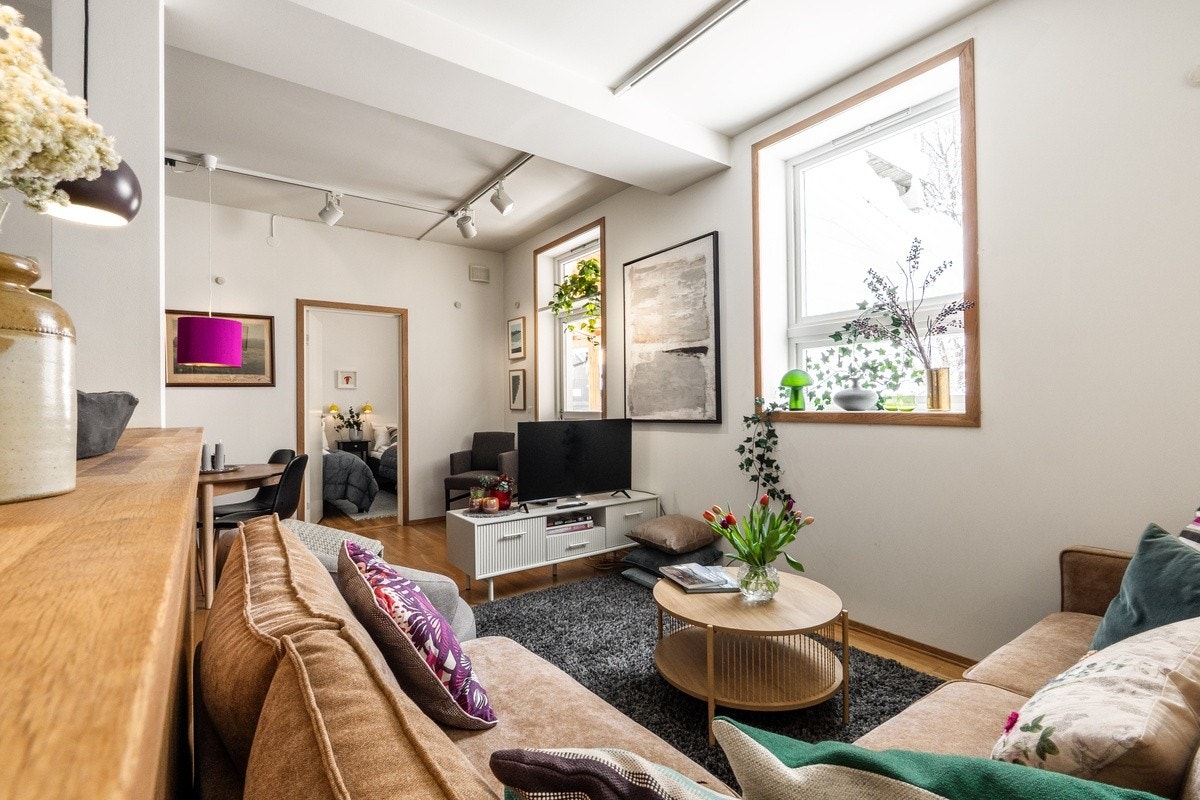 Stue med sovesofa, TV og kanaltv eks Netflix Galleribilde