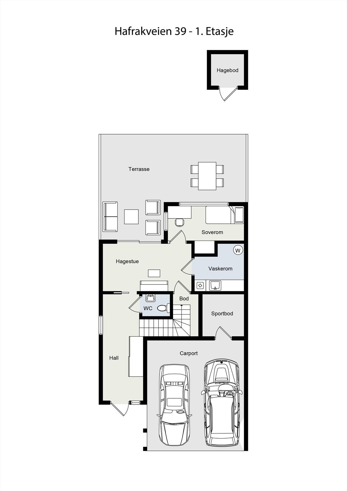 Første etasje har en praktisk rominndeling med entré, hagestue, soverom, vaskerom og WC. Galleribilde