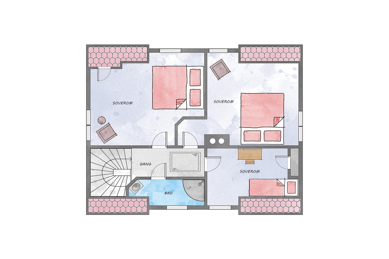 2. ETASJEN HAR ET AREAL PÅ 44 m² | FRA DENNE ETASJEN ER DET TILKOMST TIL LOFTSROM MED GULVAREAL PÅ 25 m² (ikke målbart) Galleribilde