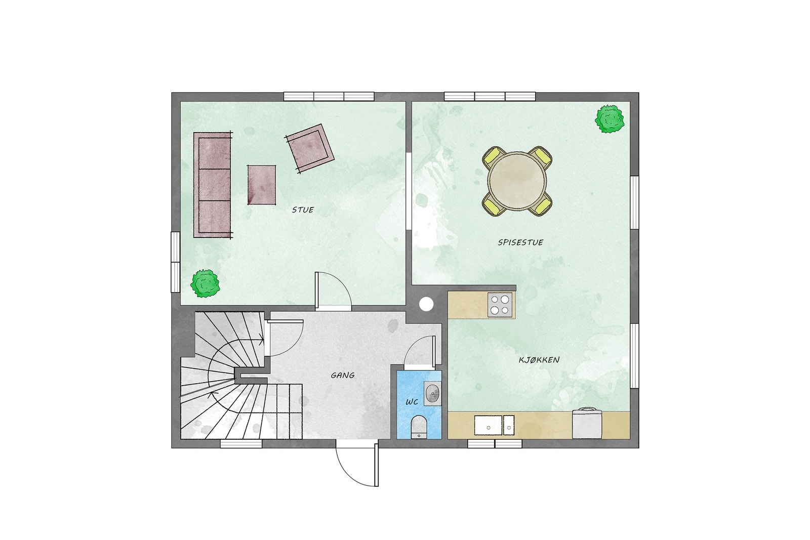HOVEDETASJEN HAR ET AREAL PÅ 45 m² MED ÅPEN OG FIN OVERGANG MELLOM ROMMENE Galleribilde