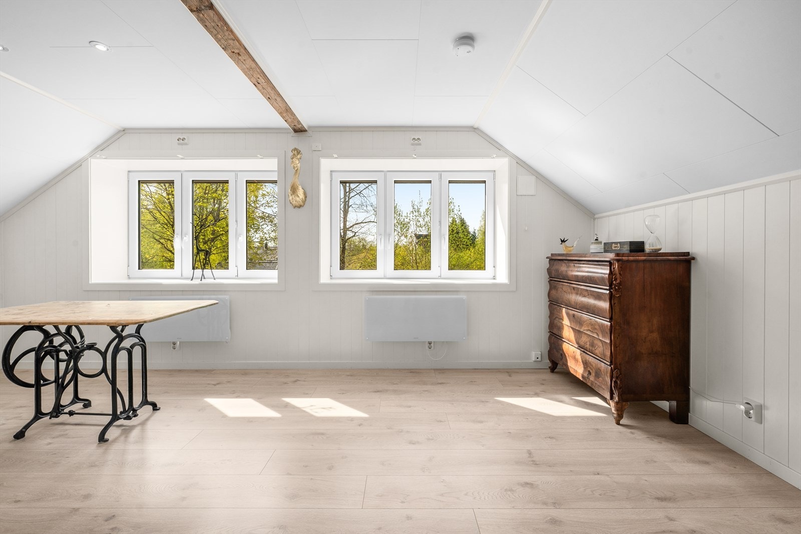 Den åpne løsningen i loftstuen gir god plass til både sittegruppe og arbeidsplass. Galleribilde