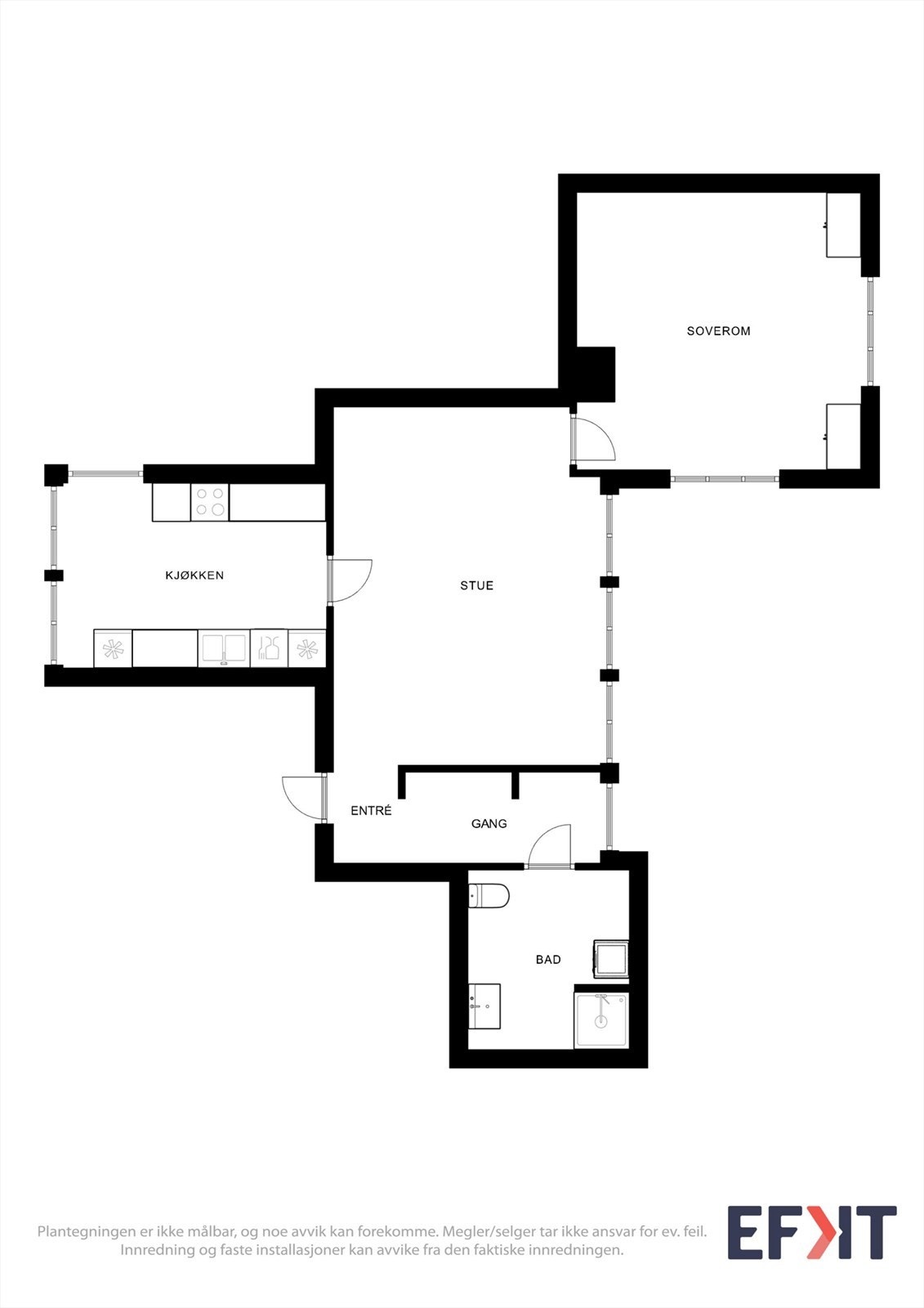 Effektiv planløsning på 67 m² (BRA-i) fordelt på entré, stue, kjøkken, bad og ett soverom. Galleribilde