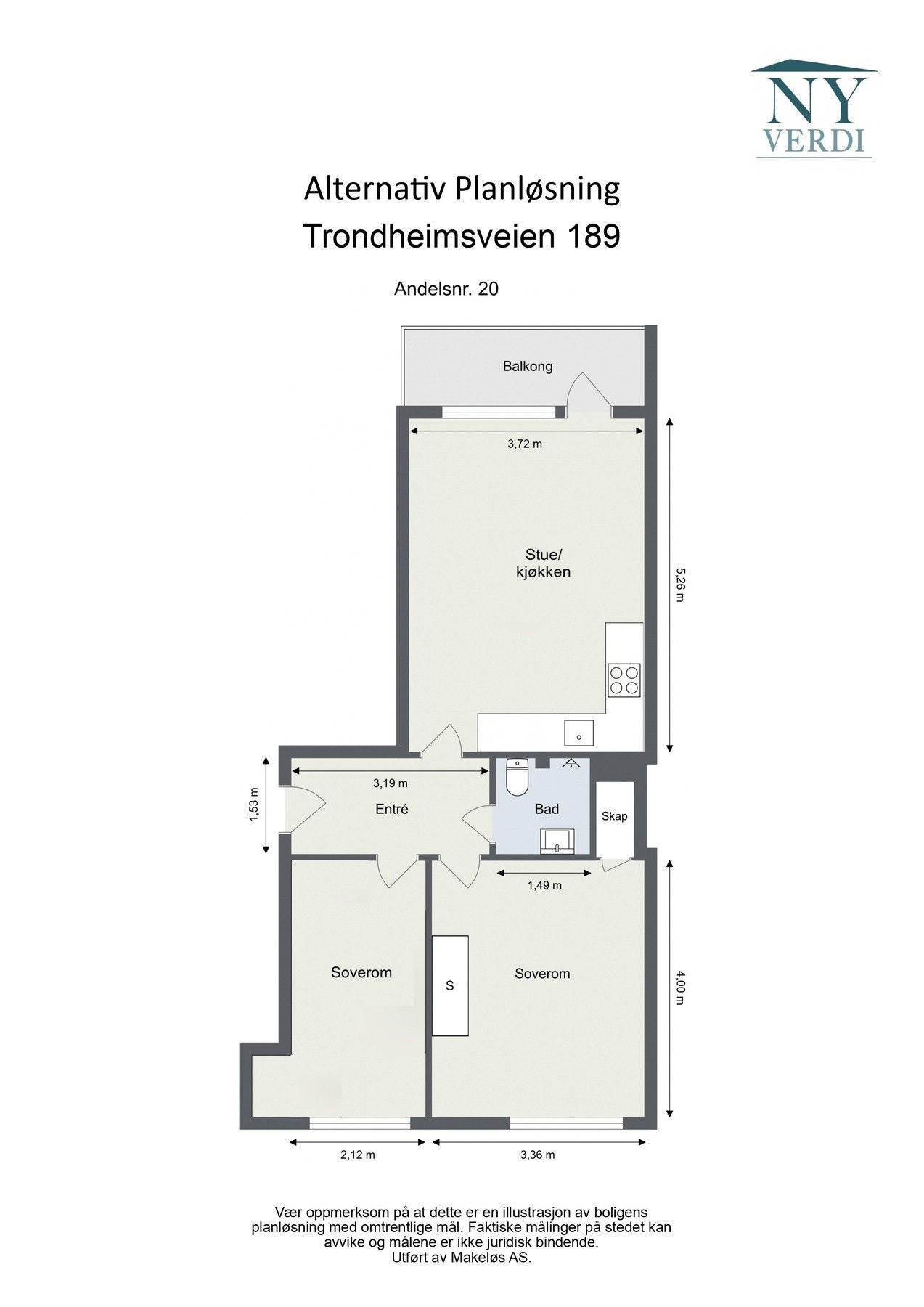 Alternativ plantegning som 3-roms. Galleribilde