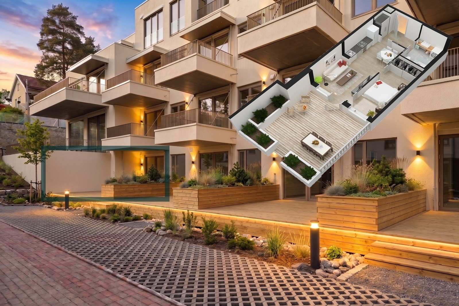Ca. 25 kvm sydvestvendt terrasse. Fin beliggenhet på øvre plan. Omtrentlig plassering. Fotoet er redigert m/KI. Avvik vil forekomme. Galleribilde
