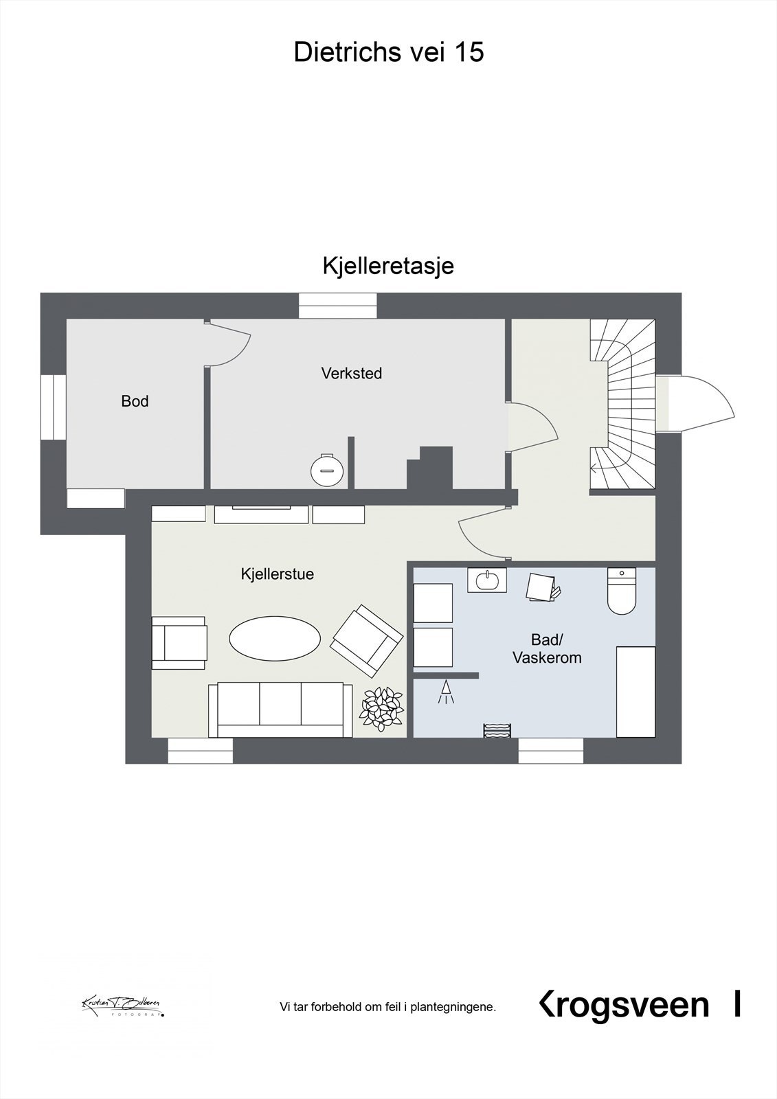 Kjelleren er innredet med bad/vaskerom, boder og et innredet rom. Bruksendringen av etasjen fra sekundærareal er ikke omsøkt eller godkjent. Galleribilde