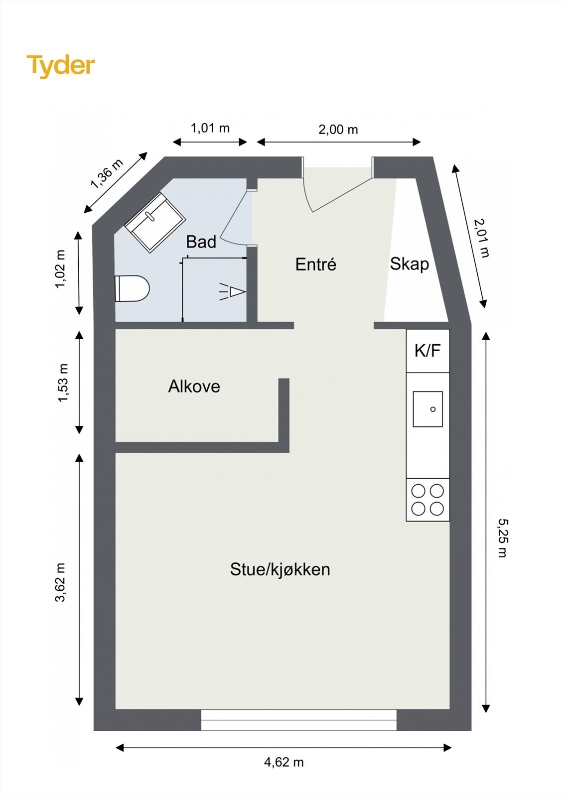 Plantegning. Boligen disponerer i tillegg en bod på 1 kvm i samme etasje som leiligheten Galleribilde