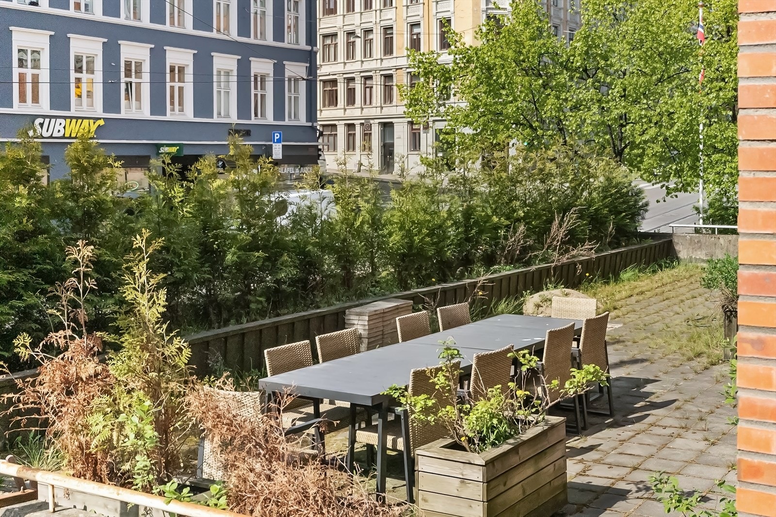 Stor felles markterrasse med gode solforhold, sittegruppe og beplantning Galleribilde