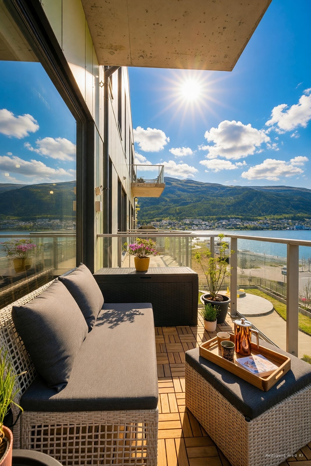 Leiligheten har gode solforhold fra tidlig morgen til ettermiddag (Sommer og sol av AI) Galleribilde