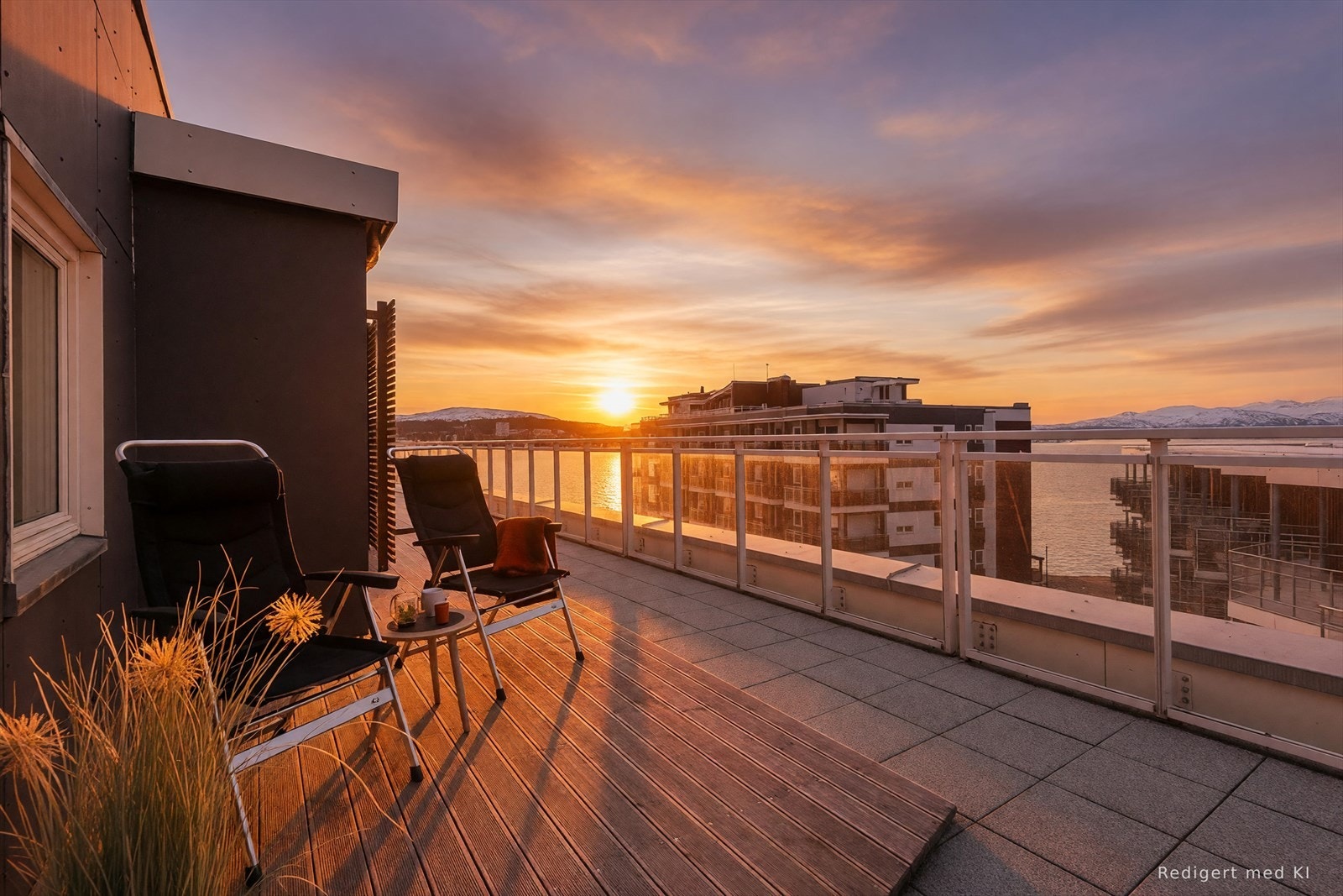 Ende-leilighet uten forbipasserende ved inngangspartiet, med solrik terrasse fra sen kveld til tidlig morgen. (Kveldssol av AI) Galleribilde
