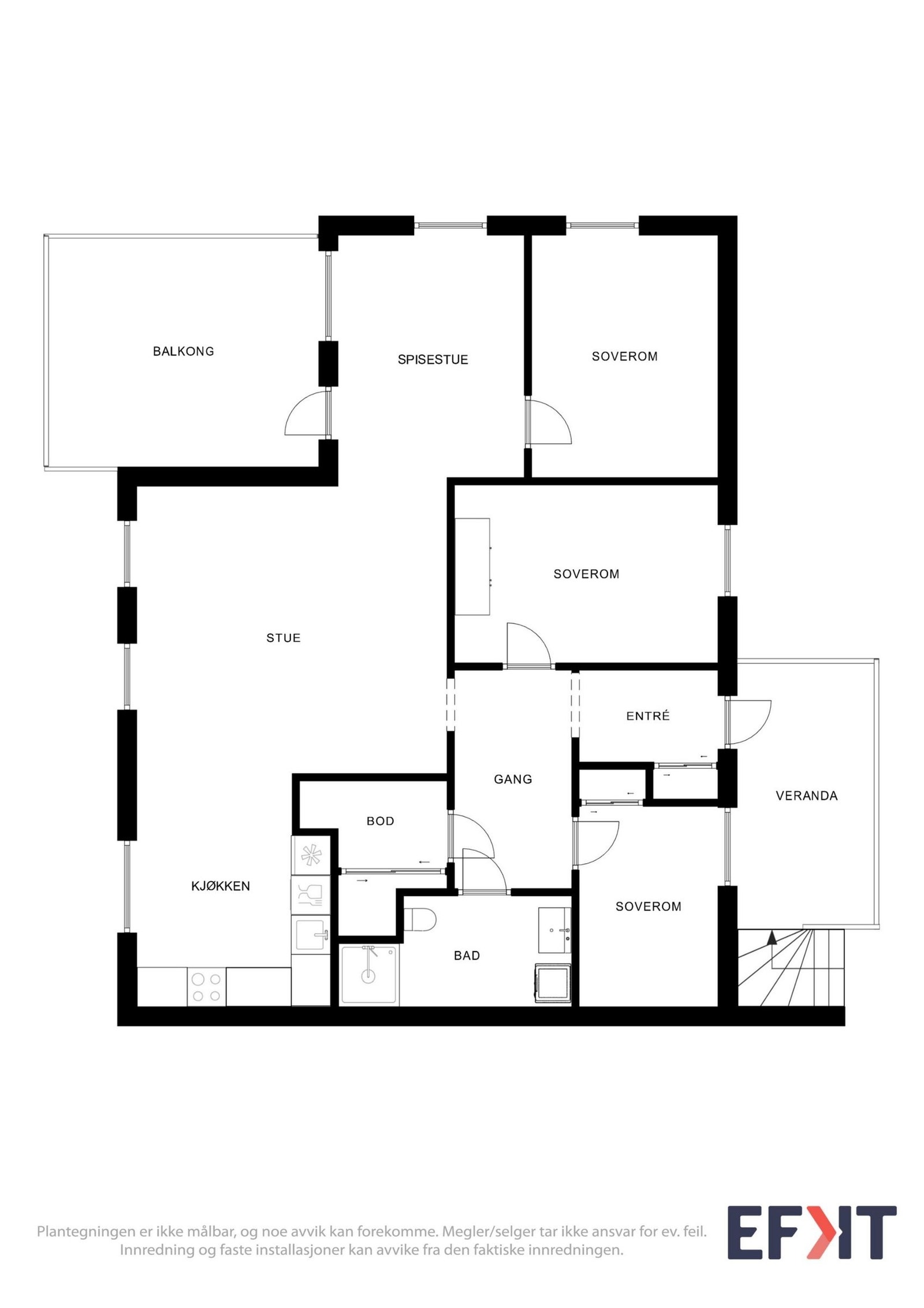 Leiligheten ligger i 2. etasje, og består av entré, stue/kjøkken, spisestue, 3 soverom og bad. Galleribilde