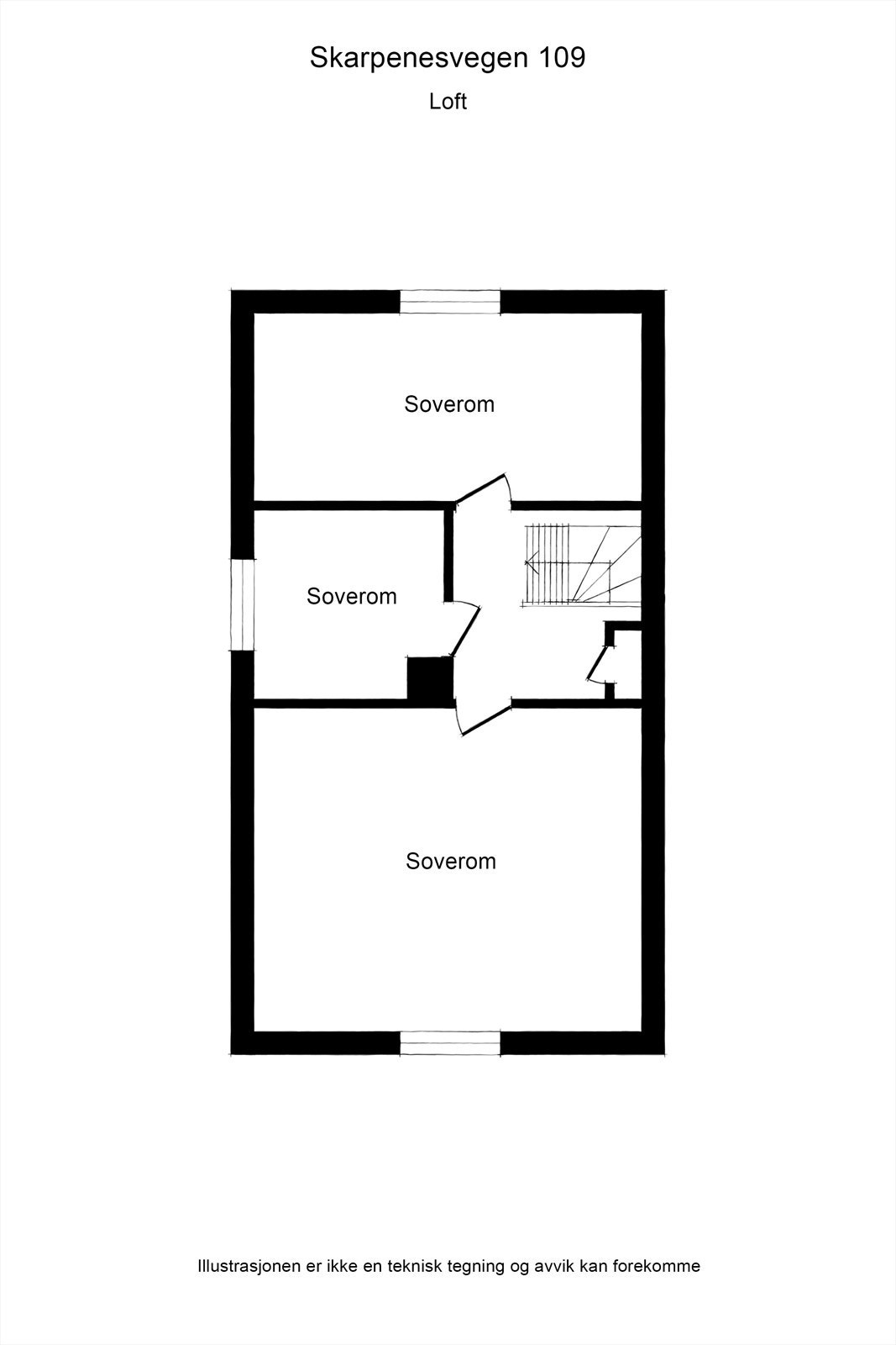 Loftsetasjen fungerer som en egen soveavdeling med gang og tre soverom. Galleribilde