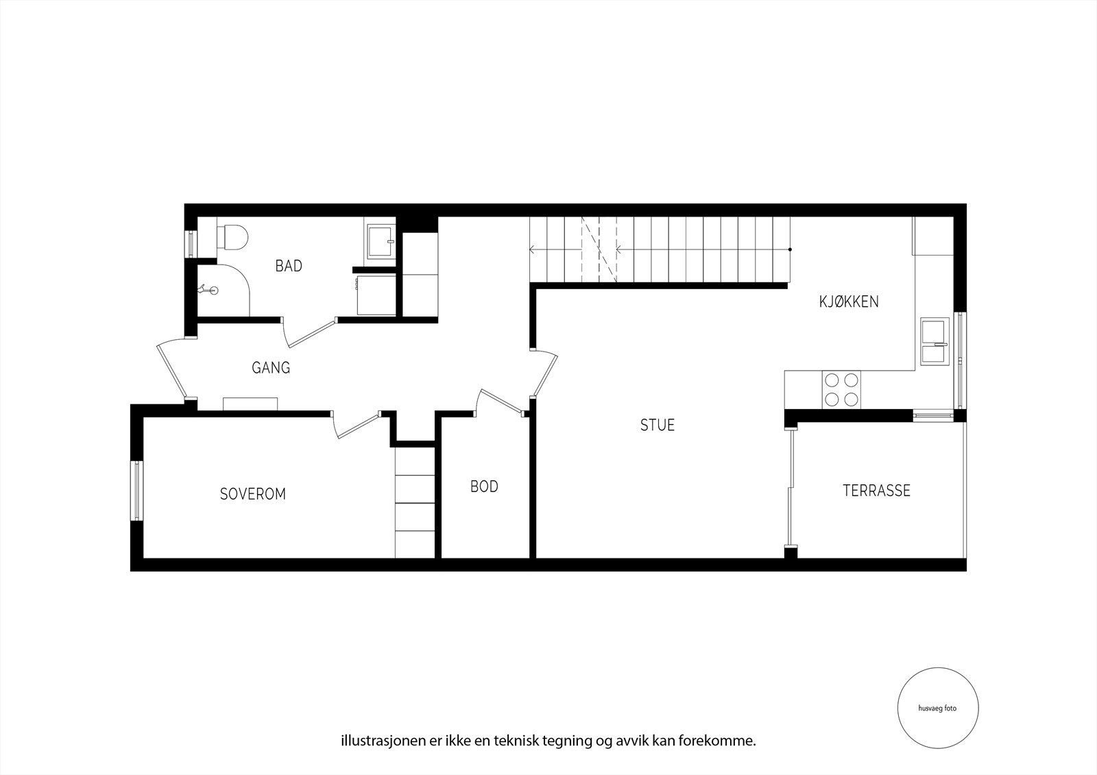 Planløsning for 2. etasje, som inneholder stue og kjøkken i åpen løsning, ett soverom og bad/vaskerom. Galleribilde