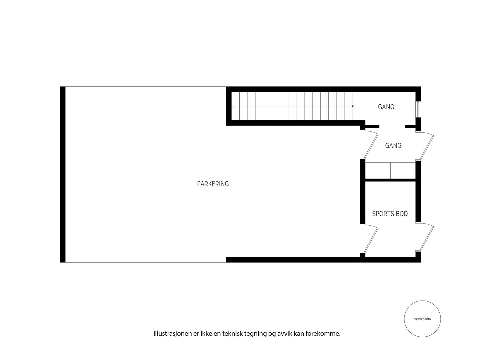 1. etasje har direkte inngang fra felles parkeringsanlegg, og inneholder entré, sportsbod og to parkeringsplasser. Galleribilde