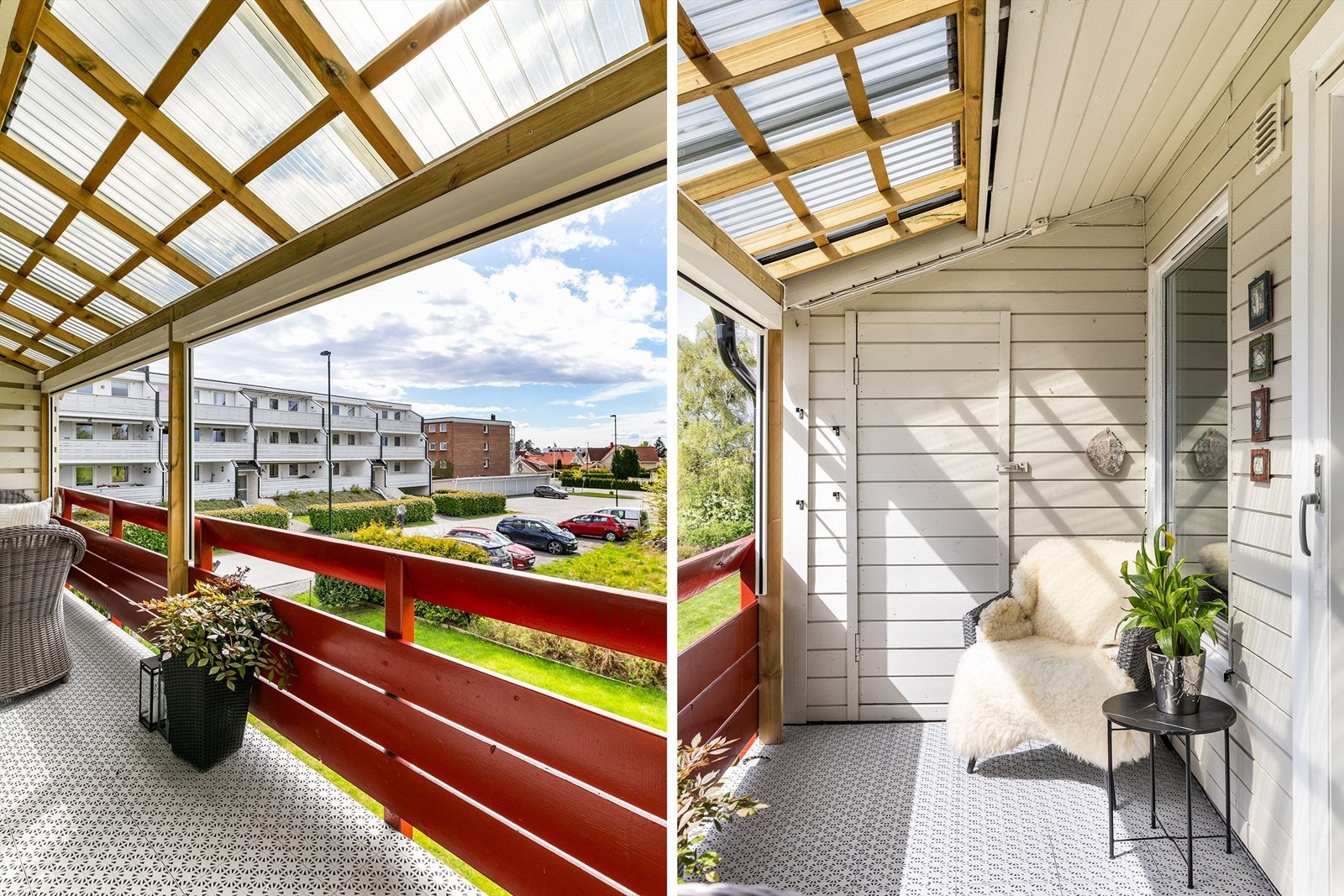 Med heldekkende overbygg og moderne screens i front er verandaen godt skjermet. Sommerstid titter solen inn fra tidlig ettermiddag til sen kveld. Galleribilde