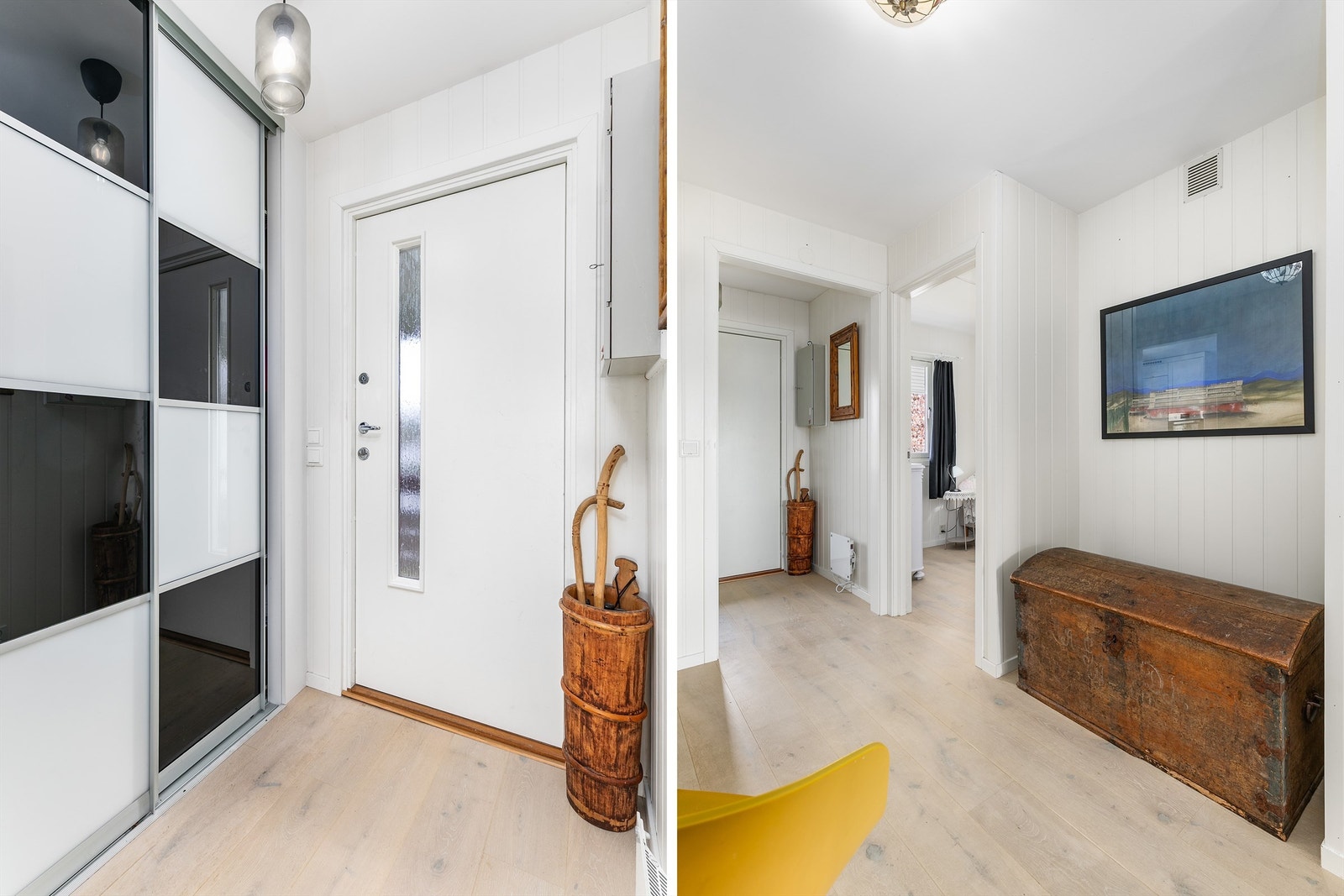 Laminatgulvet er lagt gjennomgående og terskelfritt mellom stuen, entreen og soverom II. I entreen kan yttertøyet oppbevares lett tilgjengelig i skyvedørsgarderobe. Galleribilde