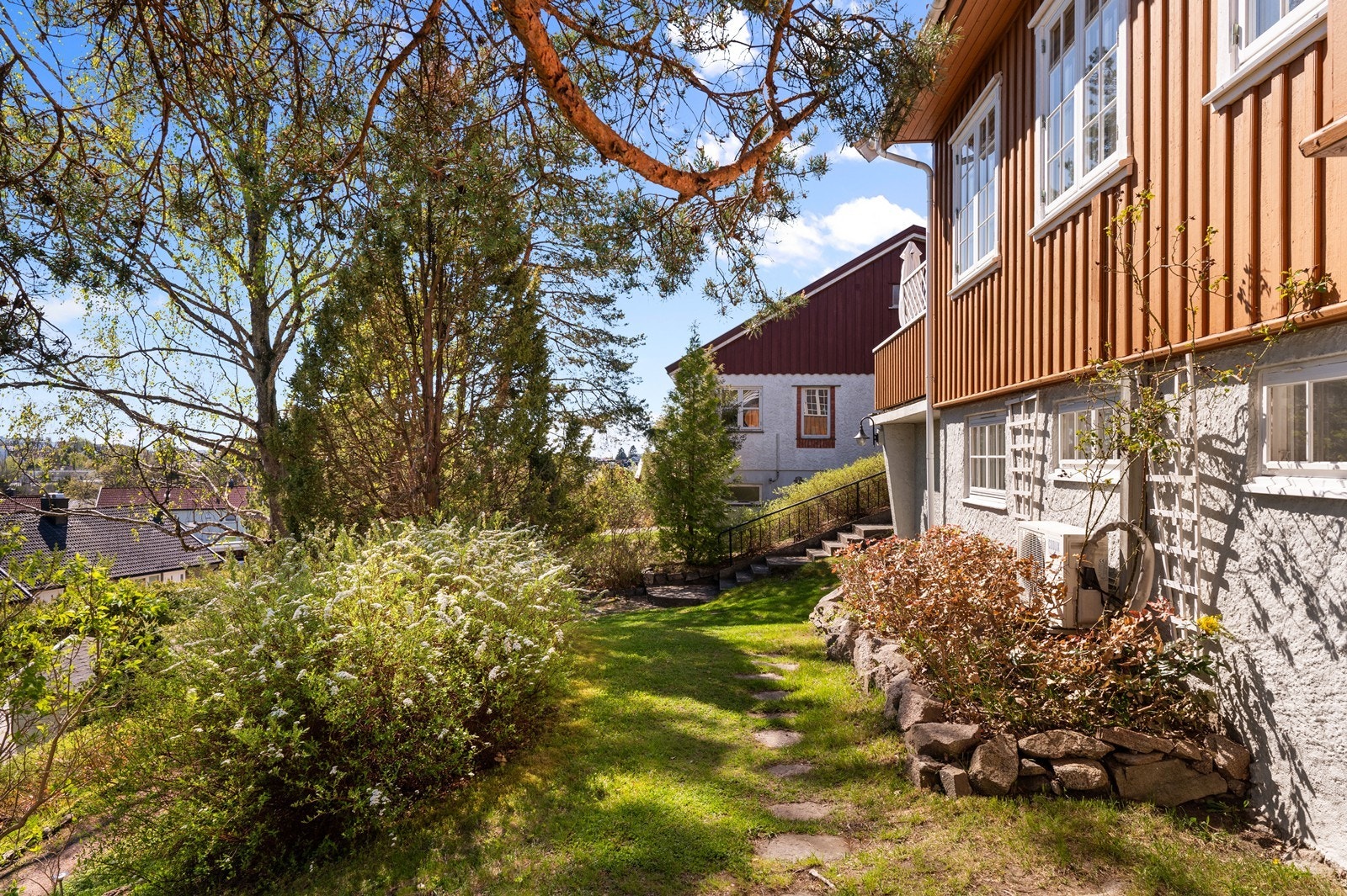 Etablert hage med frodig beplantning. Galleribilde