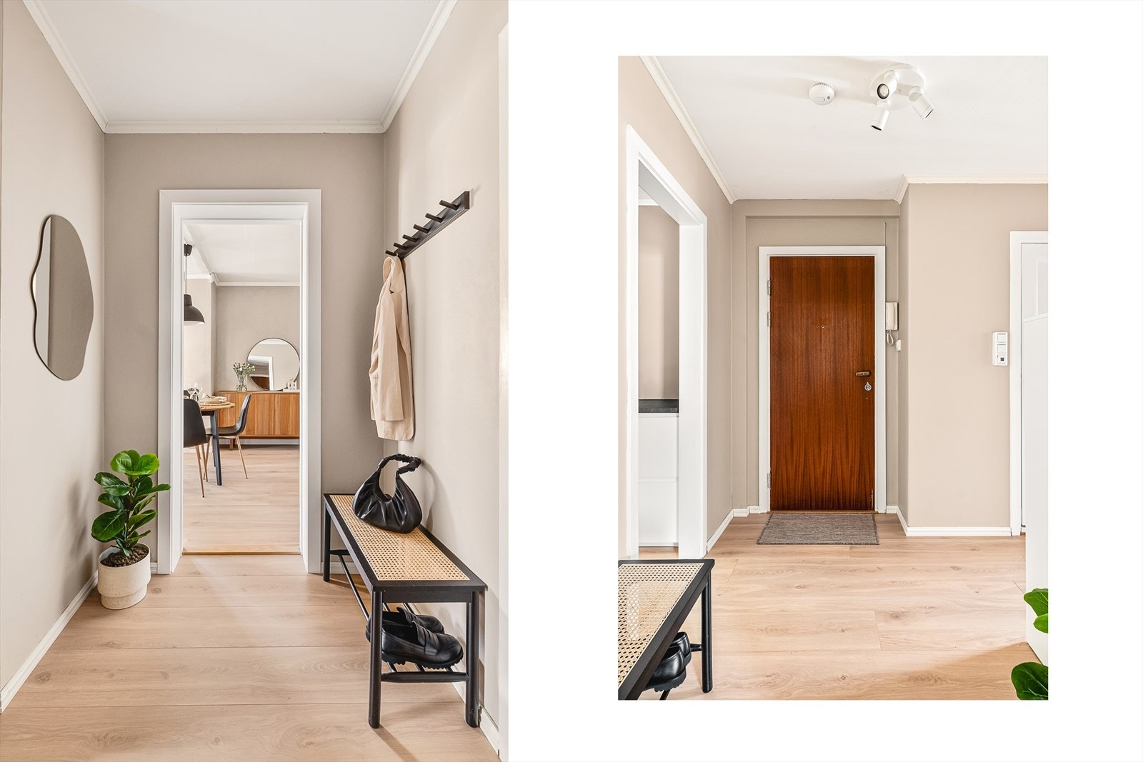 Entréen ønsker velkommen og har gjennomgående laminatgulv som i resten av leiligheten. Galleribilde