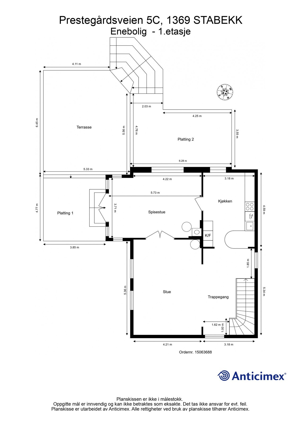 1. etasje: BRA-i 83 m²: Trappegang, kjøkken, spisestue og stue. Galleribilde