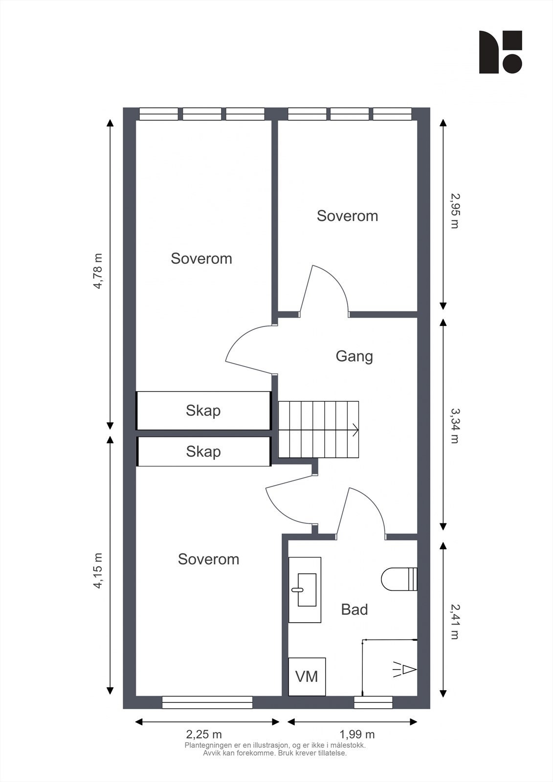 Illustrasjon som viser en alternativ planløsning for andre etasje med tre soverom. Dette er slik den opprinnelige planløsningen for boligen er. Galleribilde