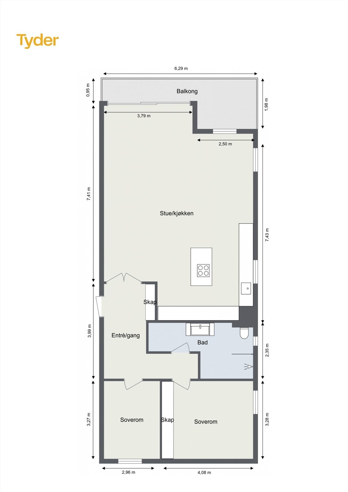 Leiligheten er gjennomgående og har en effektiv planløsning med åpen stue- og kjøkkenløsning, to soverom og et moderne bad. Galleribilde
