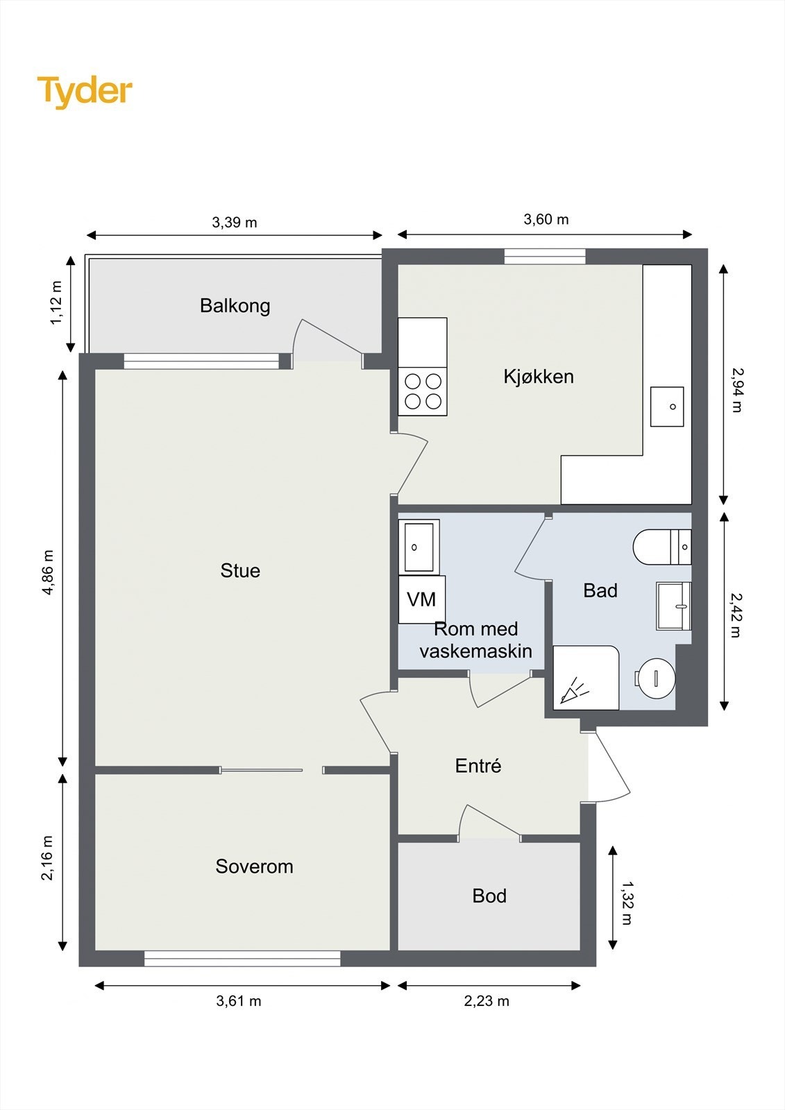 Alternativ planløsning. Veggen mellom bad og wc er lettvegg, og kan derfor slås sammen til et større bad. Galleribilde