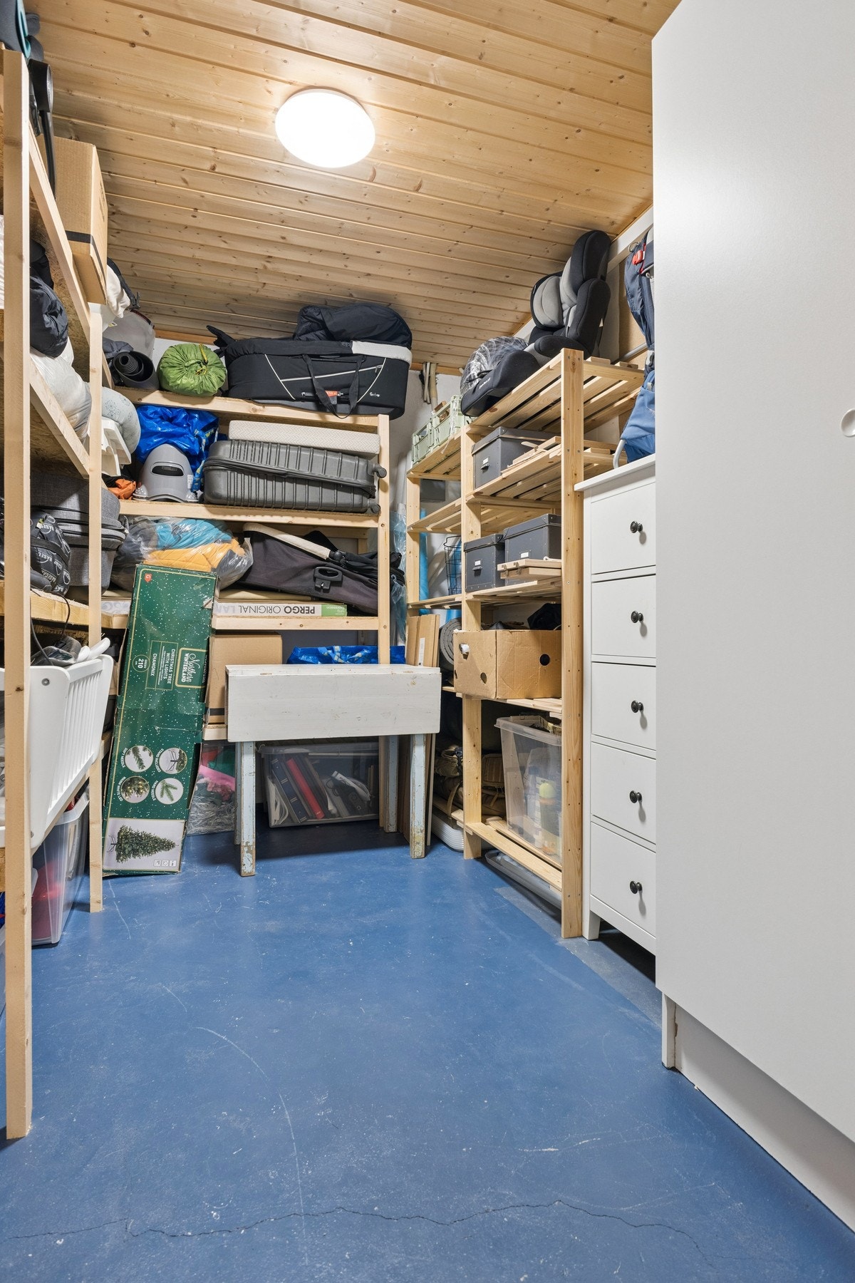 En av bodene i underetasjen, med god hylleplass for effektiv organisering. Galleribilde