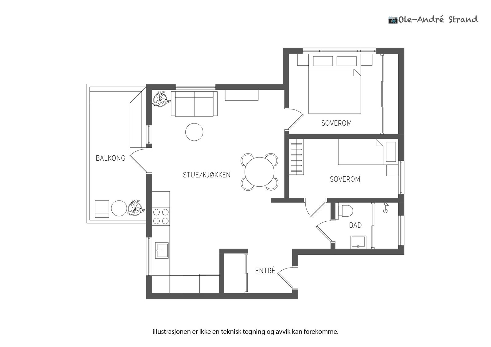 Planskisse. Leiligheten disponerer i tillegg en stor bod på loft samt bod i kjeller, noe som gir svært god lagringsplass Galleribilde