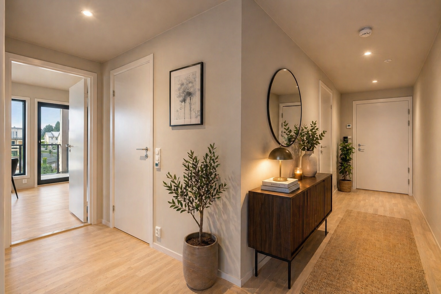 Lys gang med down-lights med dimmer, og inngang til den praktiske boden. Galleribilde