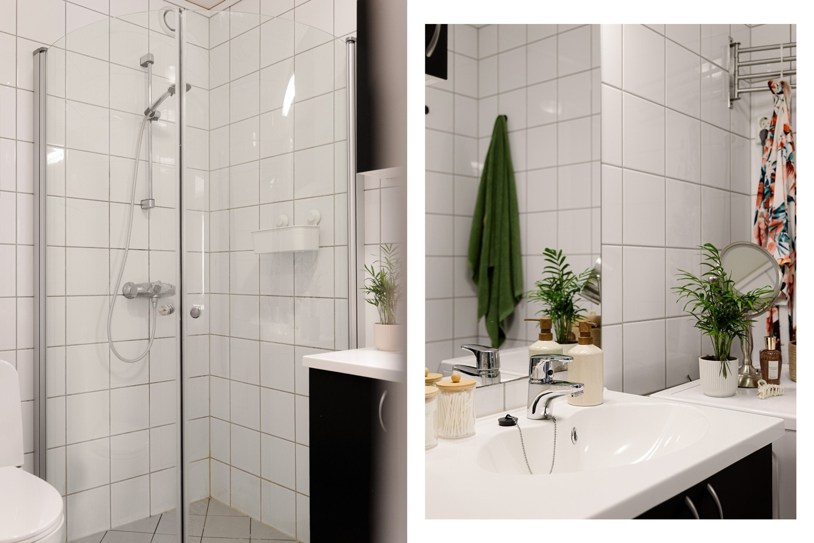 Badet har nøytrale fliser som gjør det enkelt å møblere etter eget preg. Dusjen er plassert på gulvet i hjørnet og har innfellbare dører for plassbesparelse og et stilrent uttrykk. Galleribilde