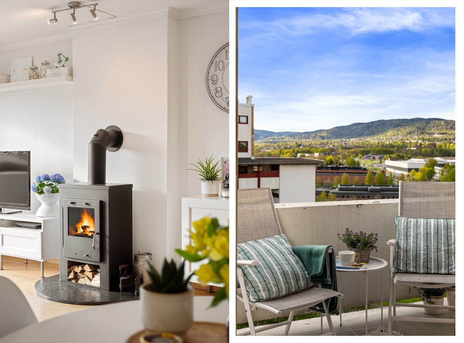 Det er peis i stuen og nydelig utsikt over Bærumsmarka. Galleribilde