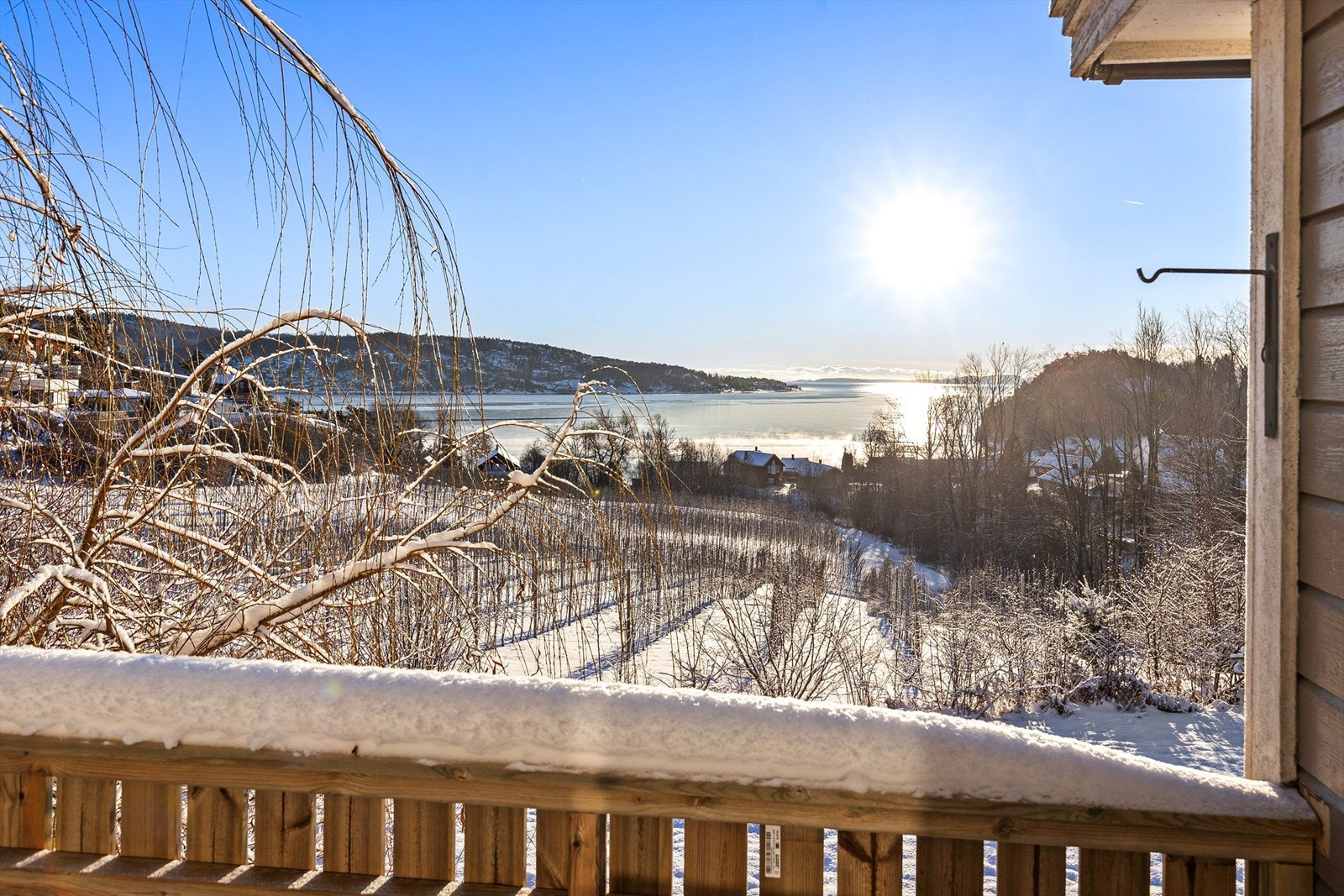 Flott og vidstrakt utsikt mot fjorden fra terrassen Galleribilde
