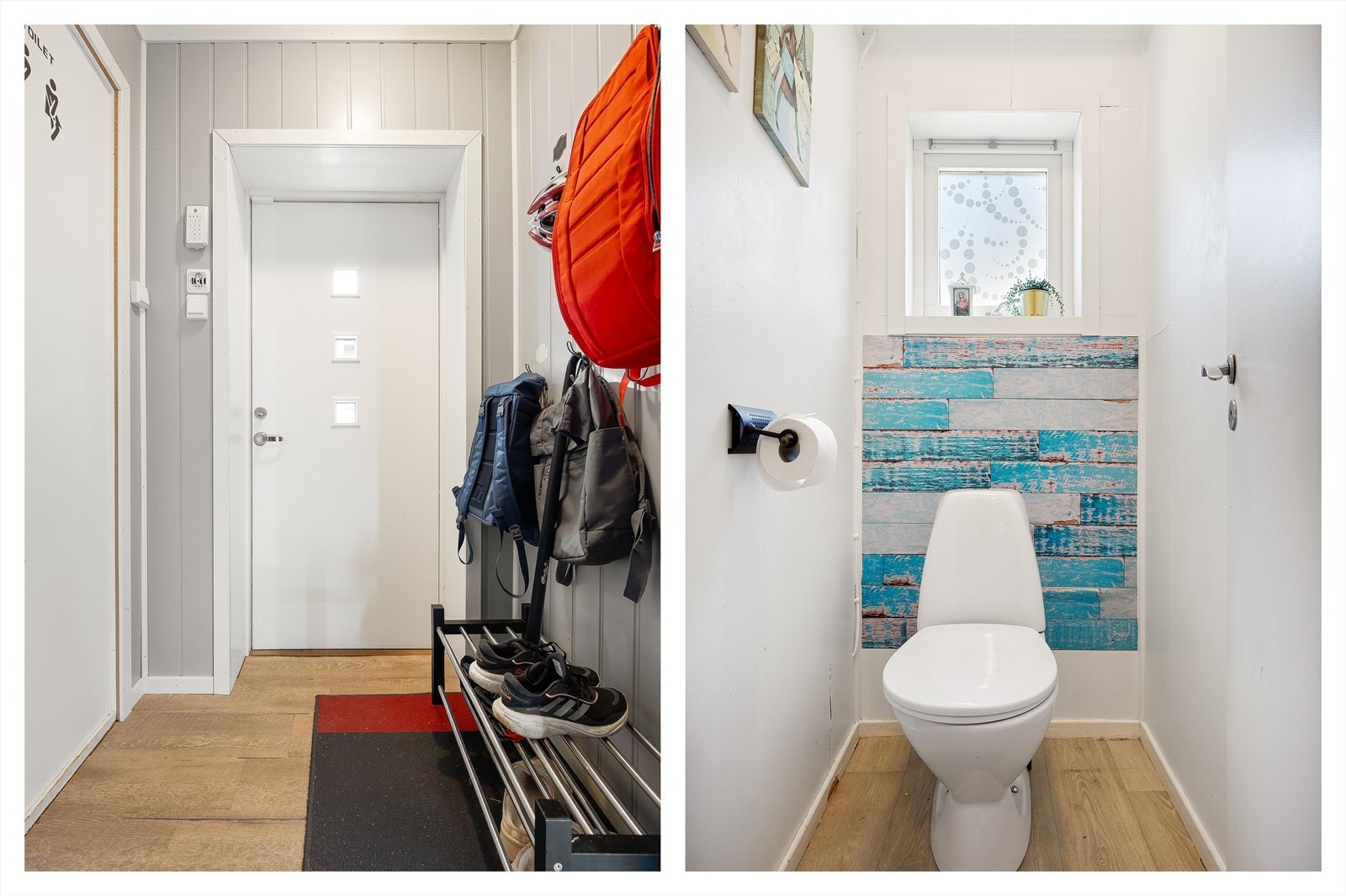Gang med plass til sko og yttertøy, samt inngang til toalettrom. Galleribilde