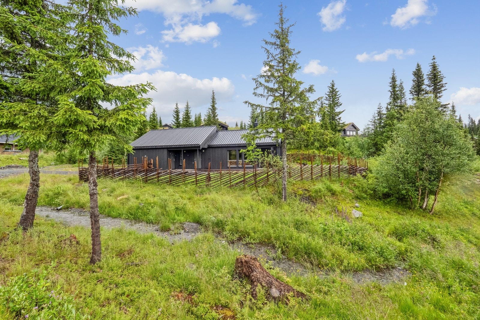 Flat/lett skrående tomt med naturtomt, innhegnet med skigard. Galleribilde