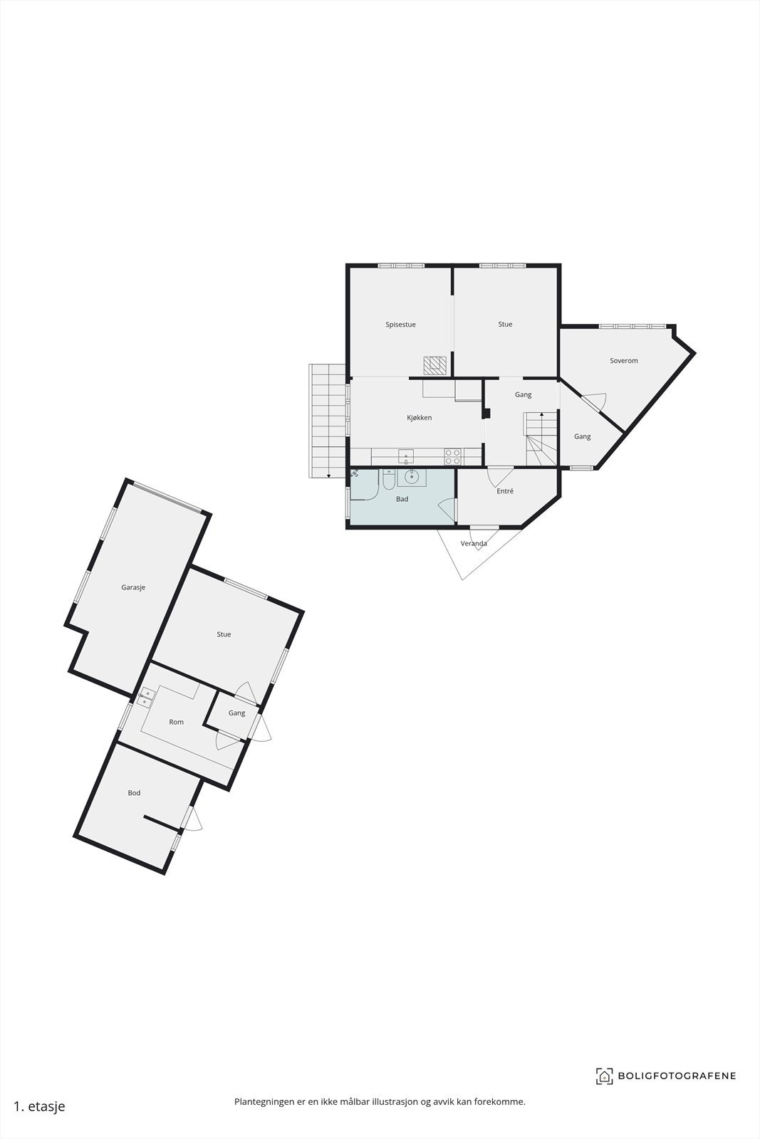 Plantegning 1. etasje bolig og garasje/tilbygg Galleribilde