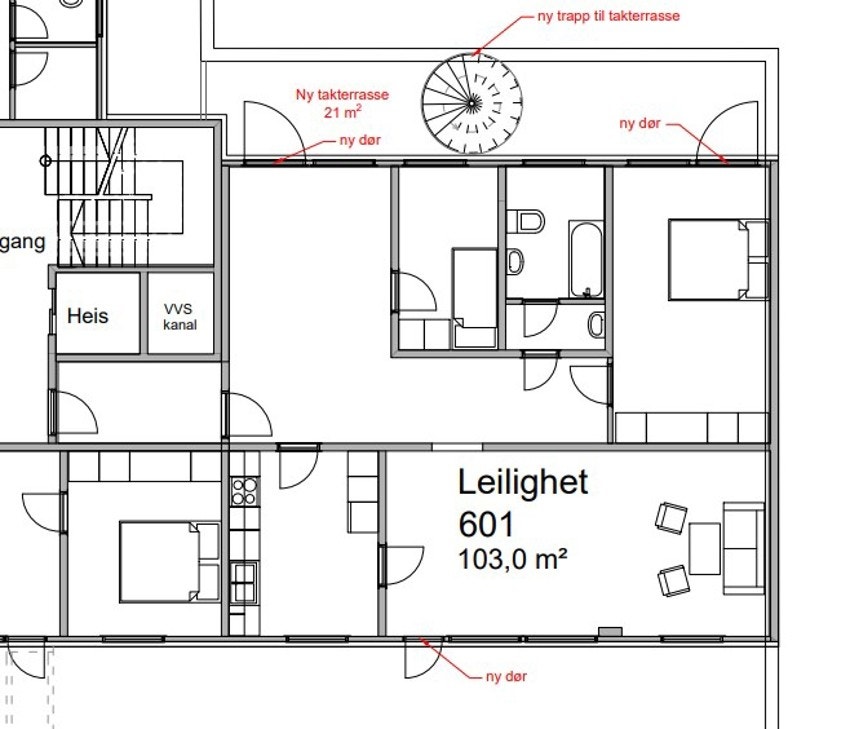 Søkt om tilsvarende terrasse på 21 kvm mot bakgård. Tegning fra søknad. Alt arbeid og bekostelse etter evt godkjennelse av søknad er kjøpers ansvar. Galleribilde