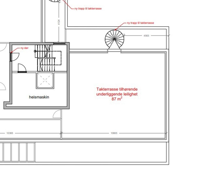 Andelen disponerer areal til potensiell takterrasse på 87kvm. Tegning fra søknad. Alt arbeid og bekostelse etter evt godkjennelse av søknad er kjøpers ansvar. Galleribilde