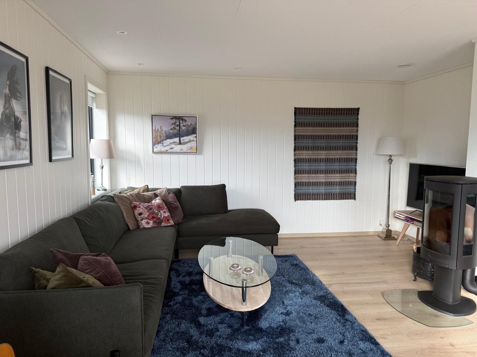 TV kan plasseres i slisse med god avstand til sofa. Downlights i stuedelen. Galleribilde