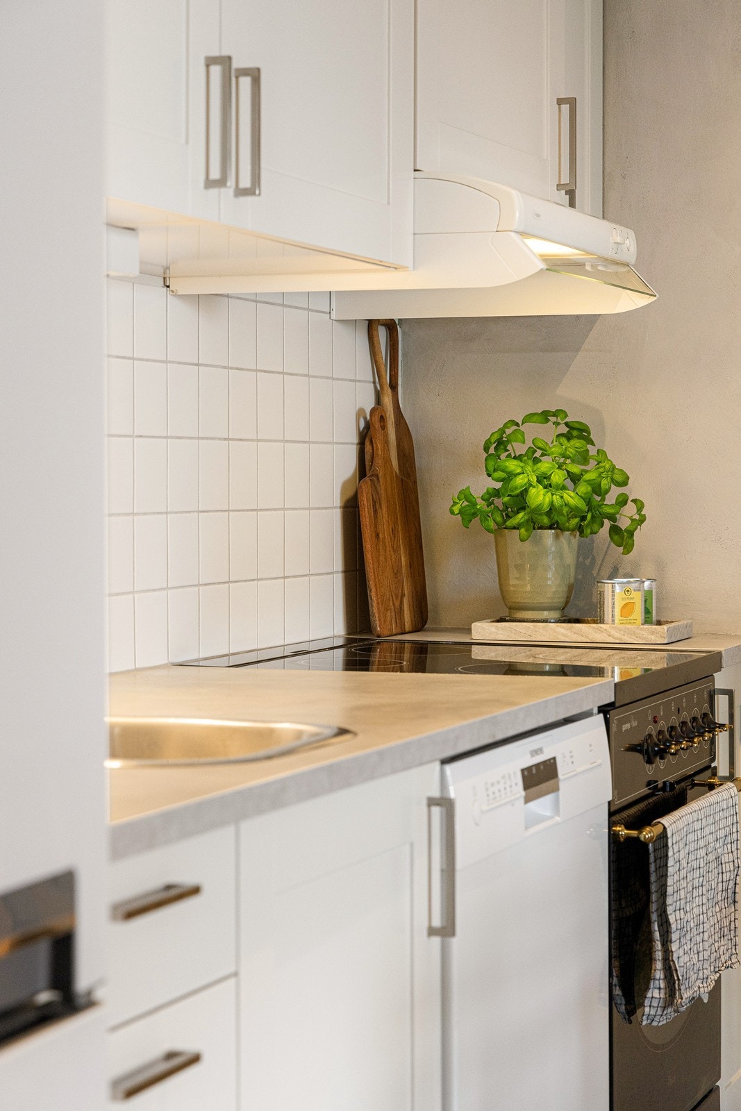 Det er nisje for komfyr, opplegg for oppvaskmaskin og avsatt plass til kjøl/frys. Galleribilde