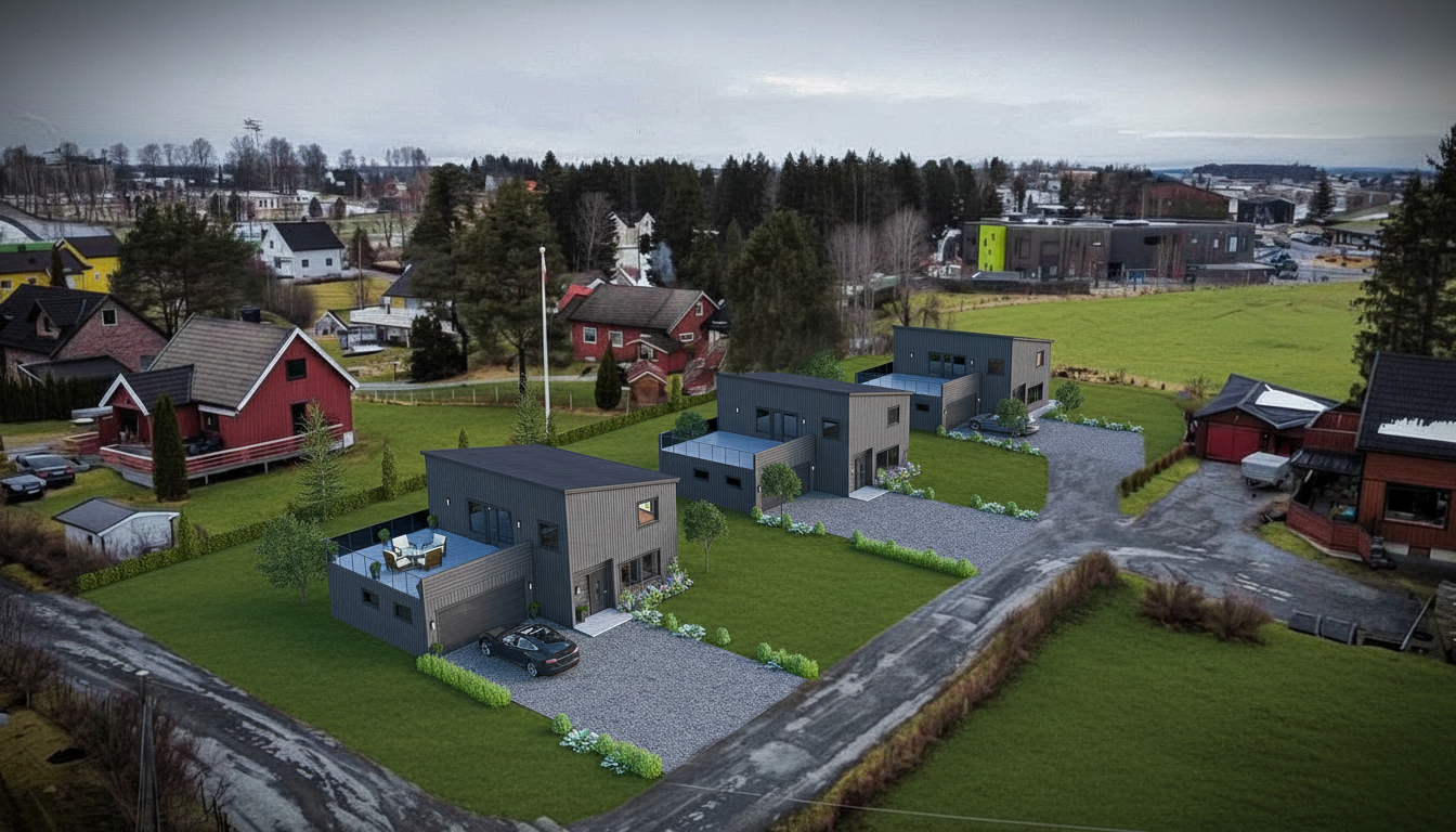Illustrasjon over alle 3 tomter med felles innkjøring - kun illustrasjon av hustyper på de to innerste tomtene - mulighet for å velge andre husmodeller. Bygget med grønn vegg er Årnes barnehage og bak der Nes videregående og Svømmehallen/Neshallen Galleribilde