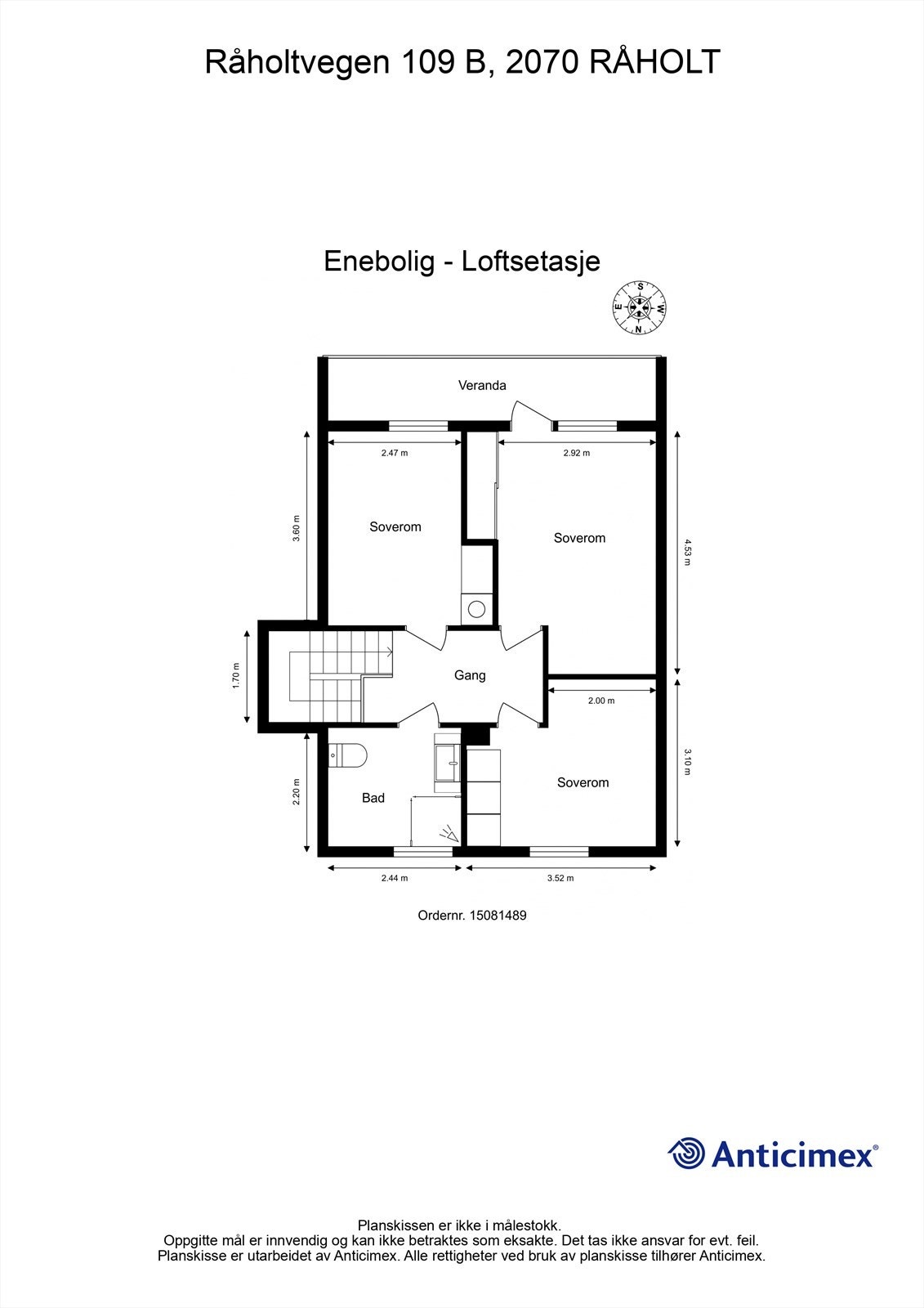 Loftsetasjen er boligens soveavdeling, med tre soverom og et bad. Hovedsoverommet har egen veranda. Galleribilde