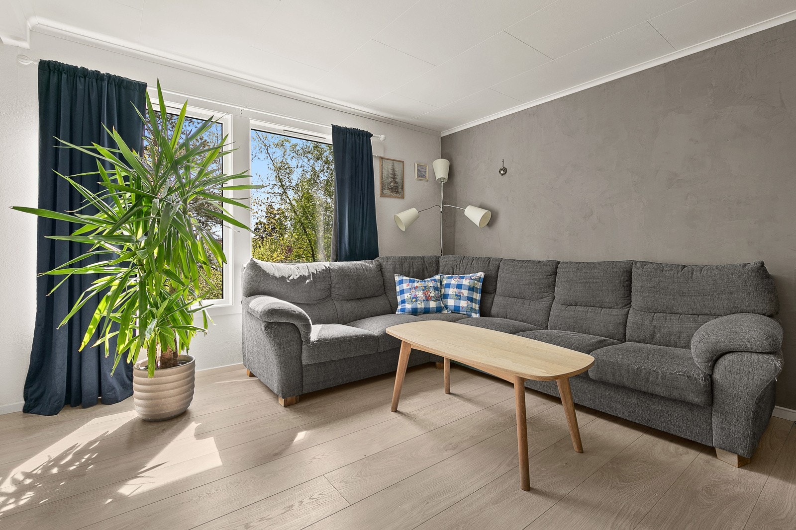 Stuen har laminatgulv. Malt tapet på vegger. En vegg er malt med kalkmaling Galleribilde