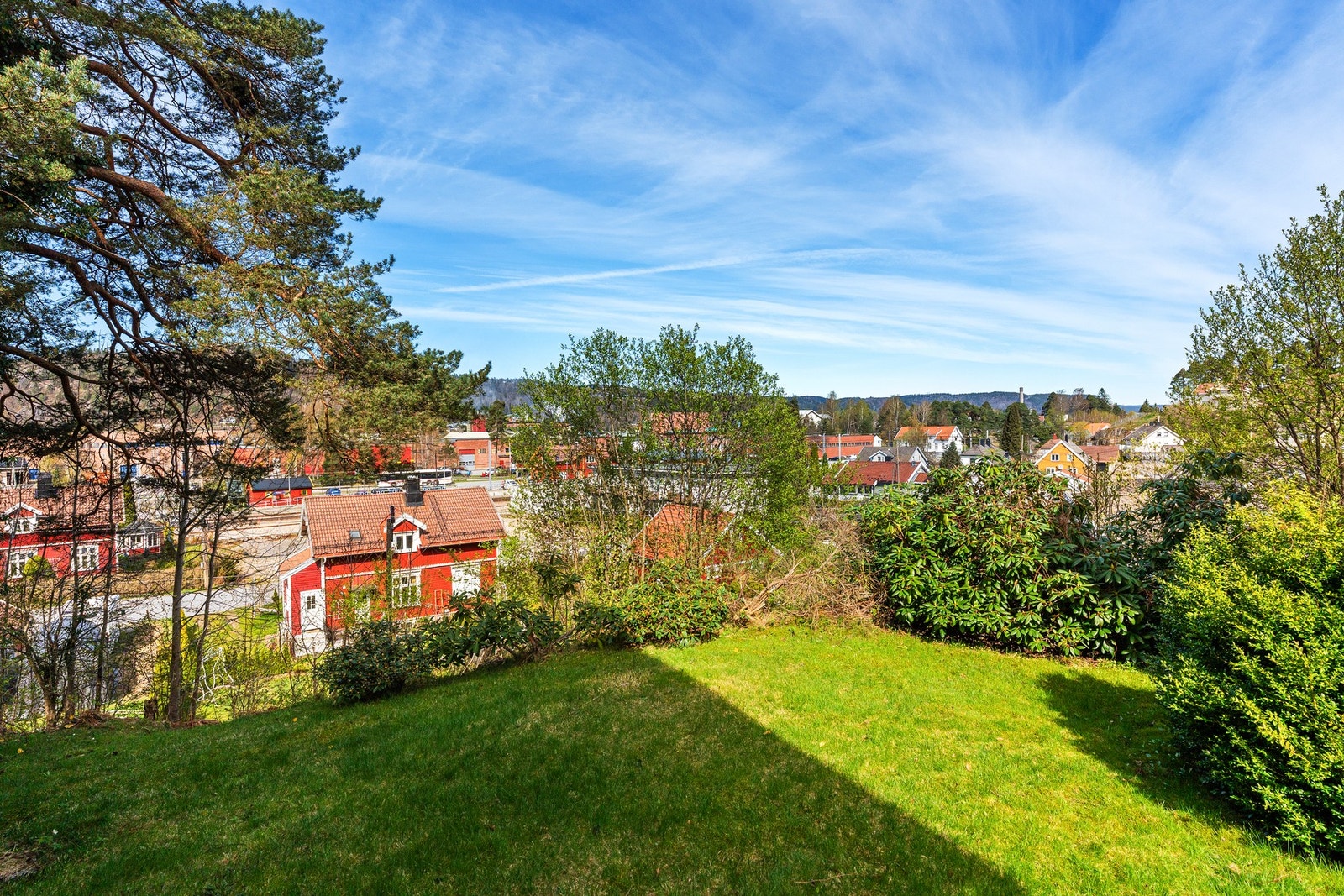 Stor, hyggelig hage med plen og beplantning Galleribilde