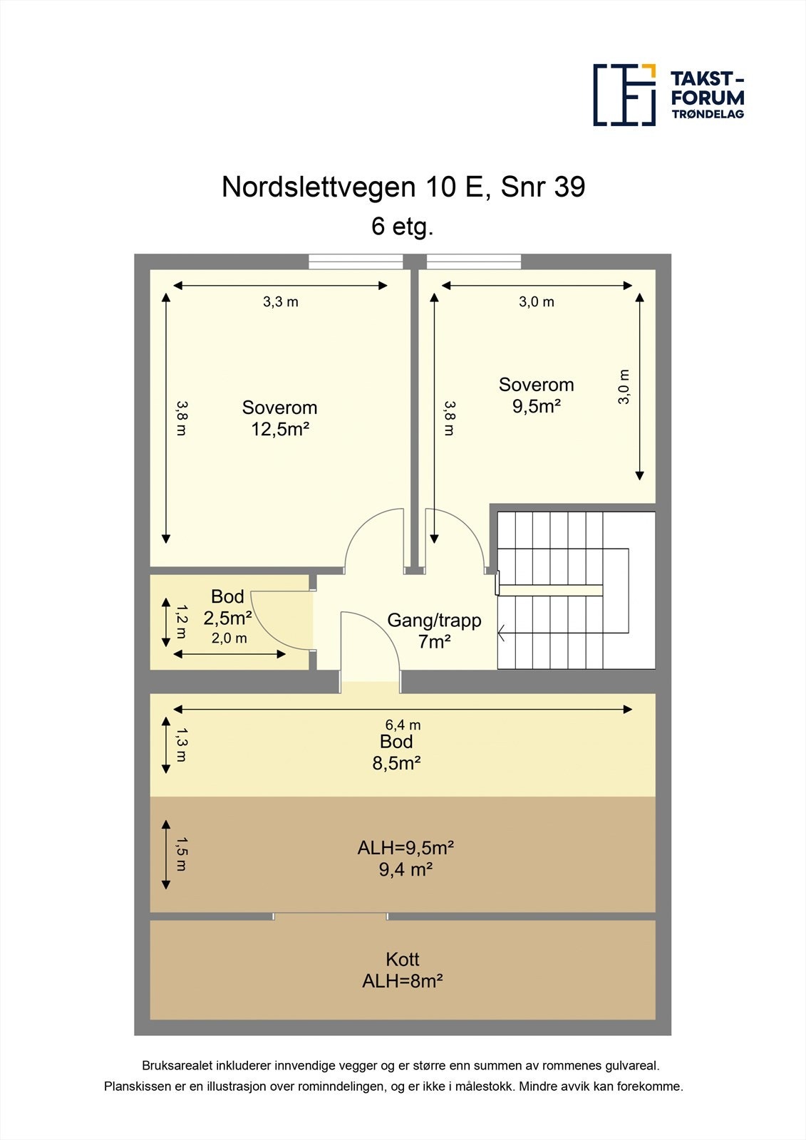 Leilighetens øverste plan består av to soverom, gang og to boder. I tillegg medfølger en ekstern bod på 6 m² og garasjeplass. Galleribilde