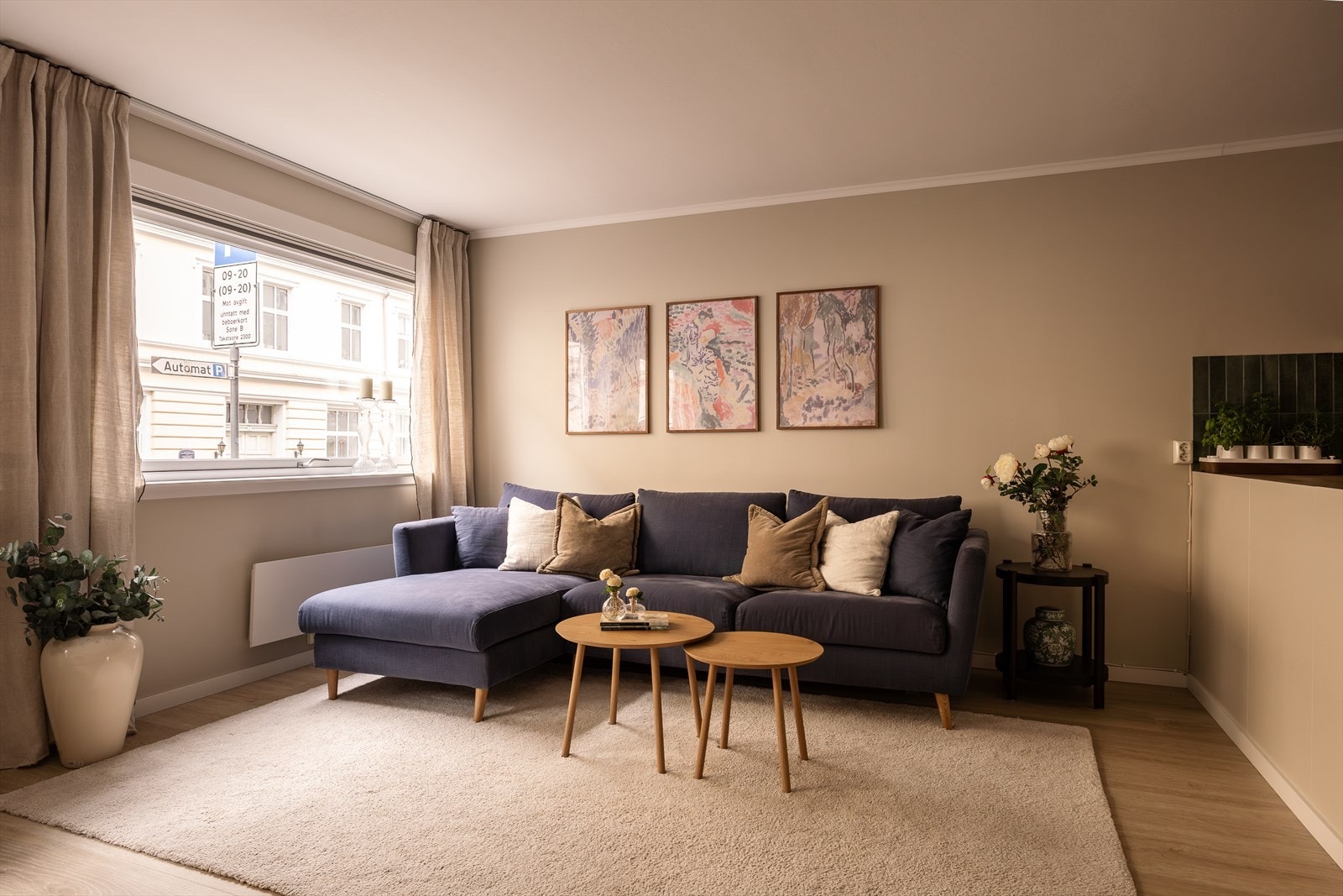 De store vinduene fra 2018 slipper inn masse lys i leiligheten. Det ytterste glasset på vinduet er sota, og reduserer innsyn. Galleribilde