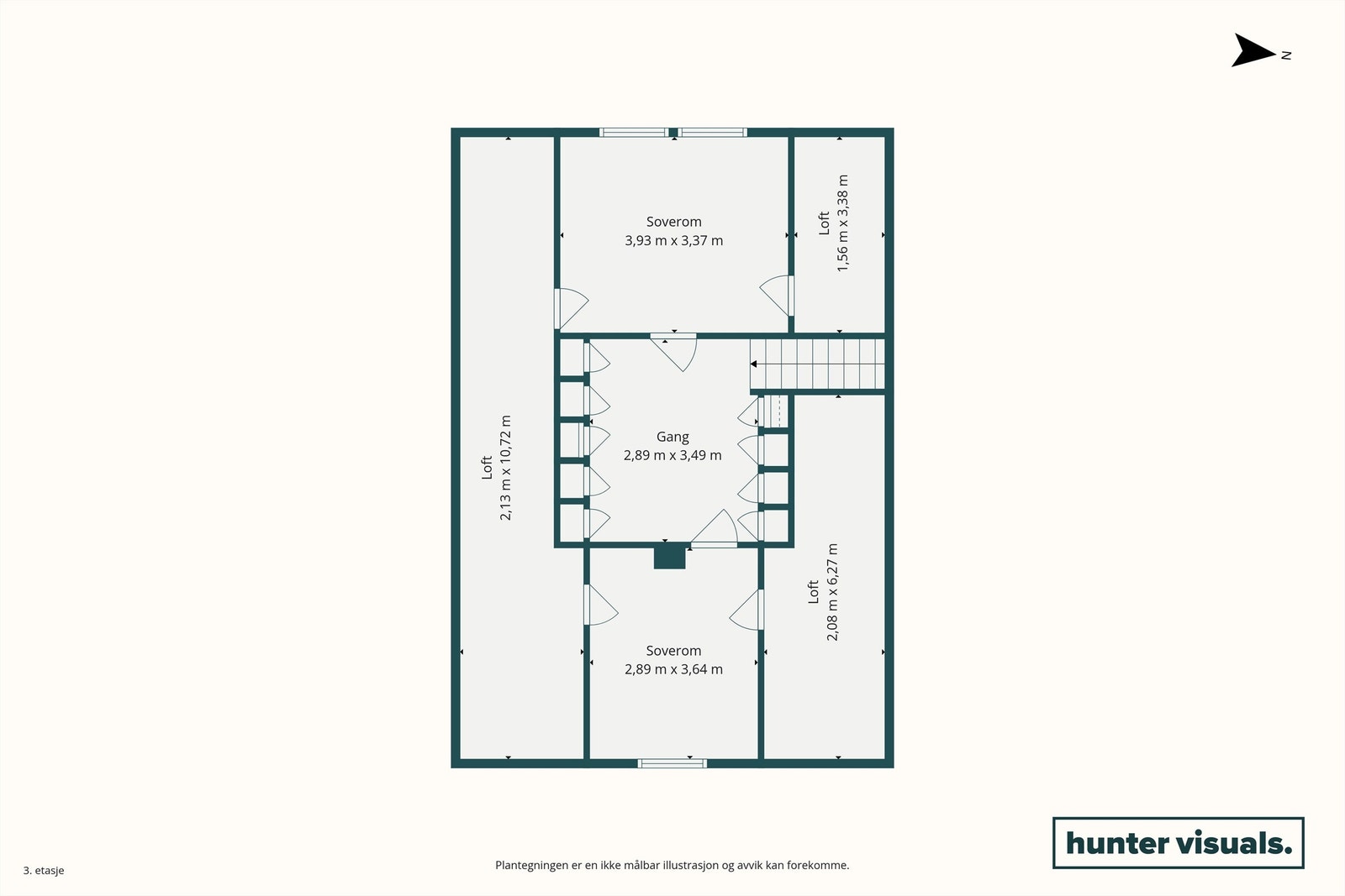Plantegning for loftsetasjen. Merk at det ikke foreligger godkjente tegninger for denne etasjen. Galleribilde