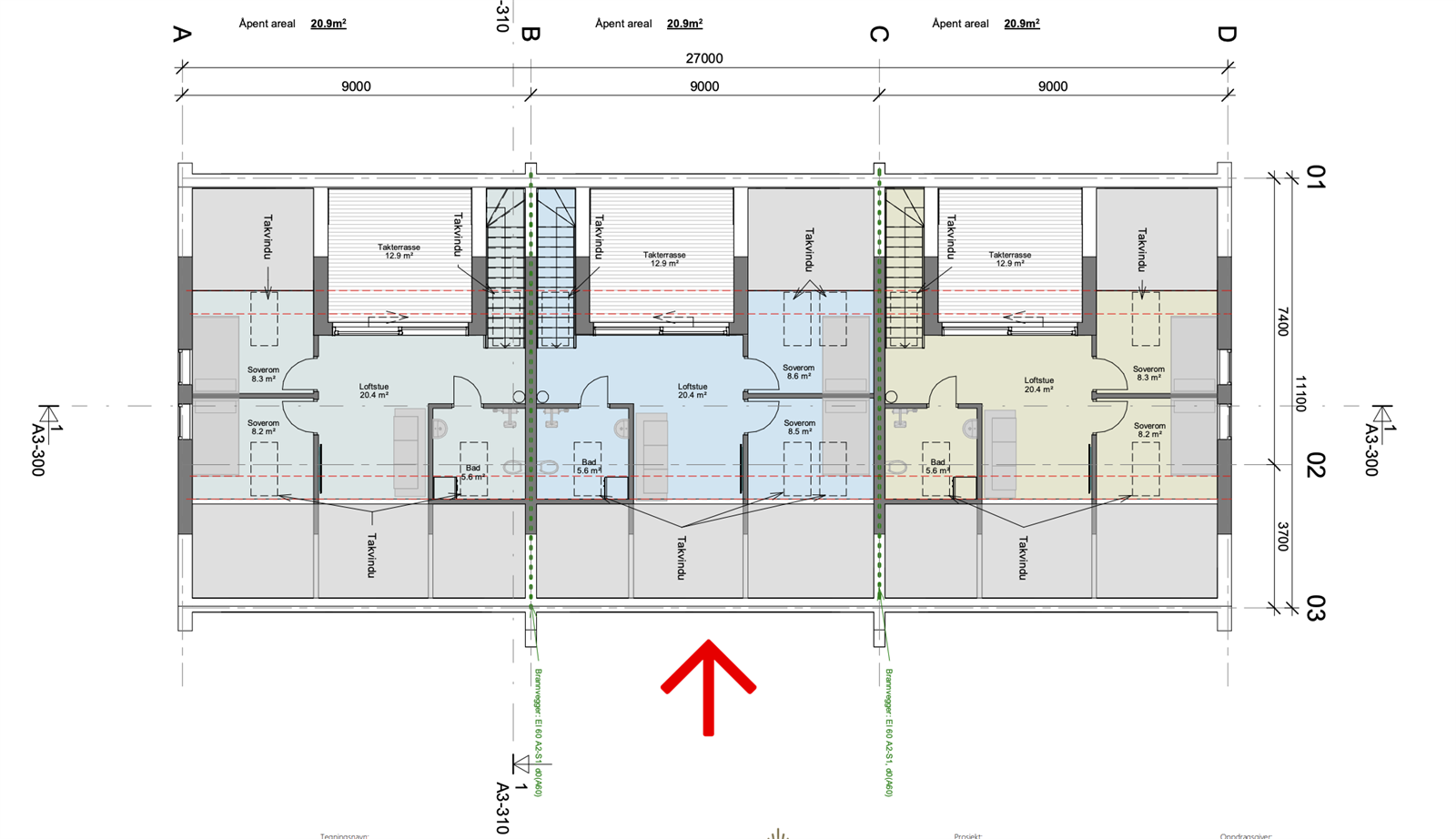 Arkitektens Tegninger 3.Etasje (Enheten i midten) Galleribilde
