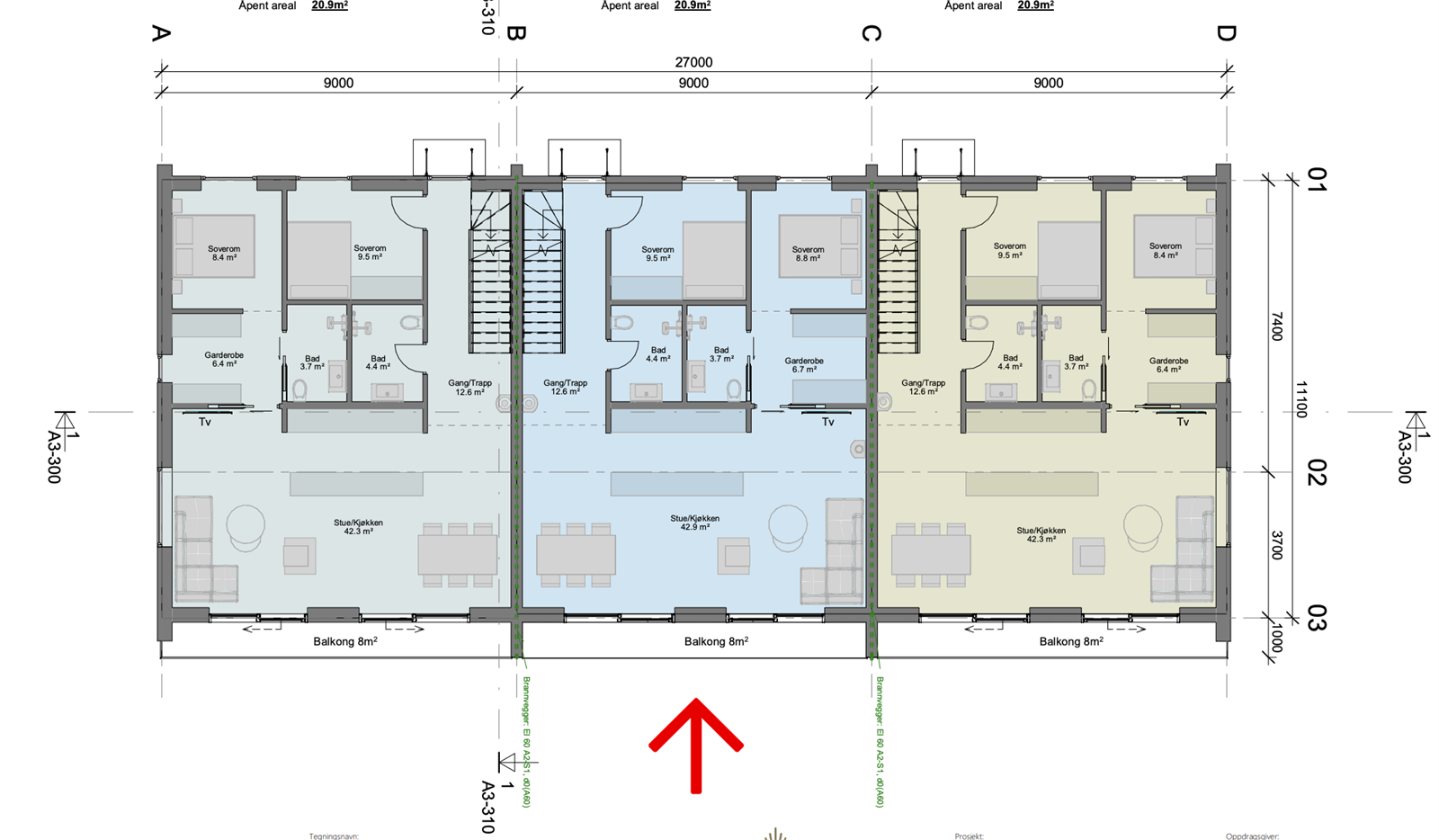 Arkitektens Tegninger 2.Etasje (Enheten i midten) Galleribilde