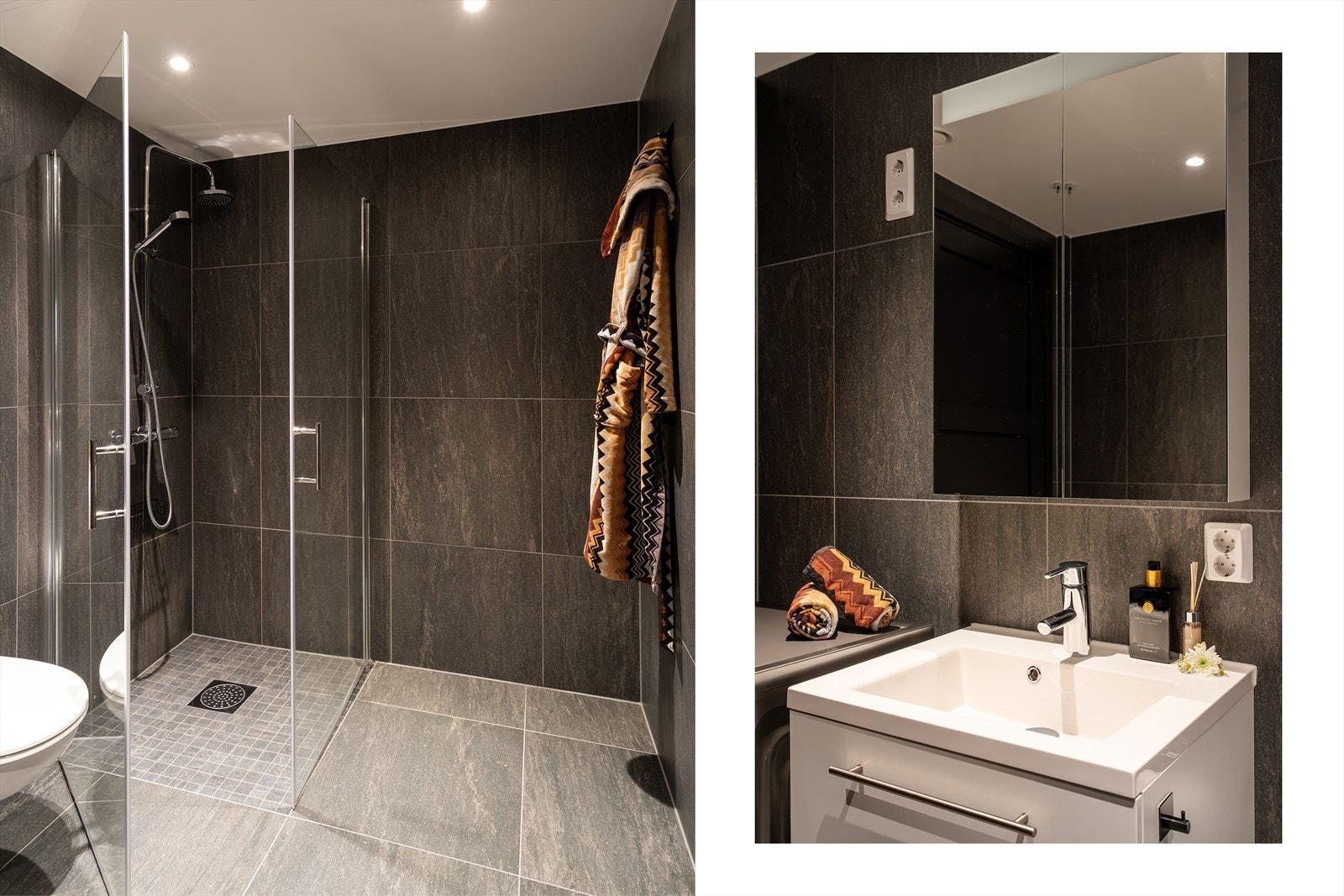 Badet er av god størrelse, og har gulvvarme, downlights og vegghengt toalett. Galleribilde