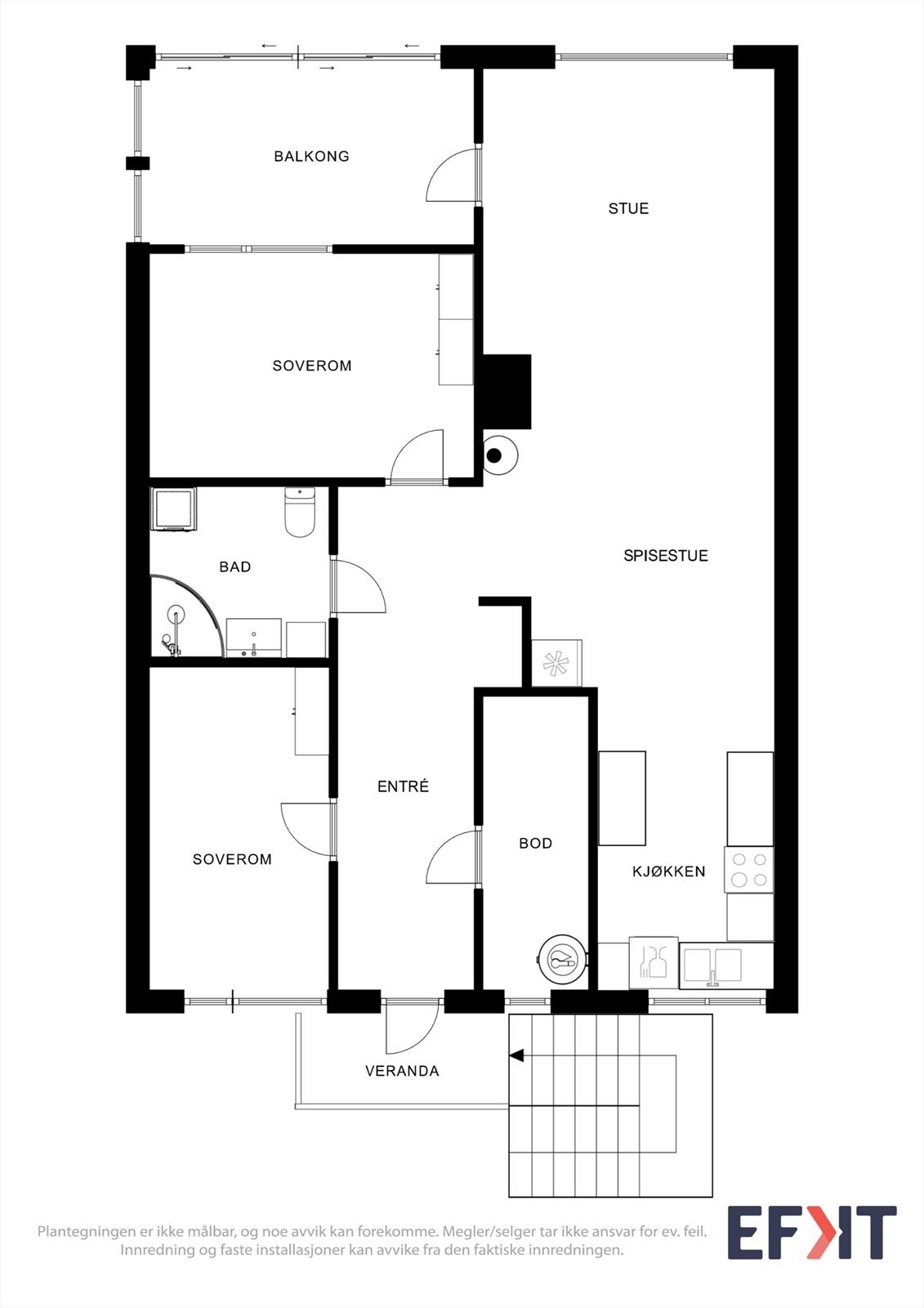 Planløsningen på hele 68 m² rommer entré, to soverom, bad og stue/kjøkken. Galleribilde
