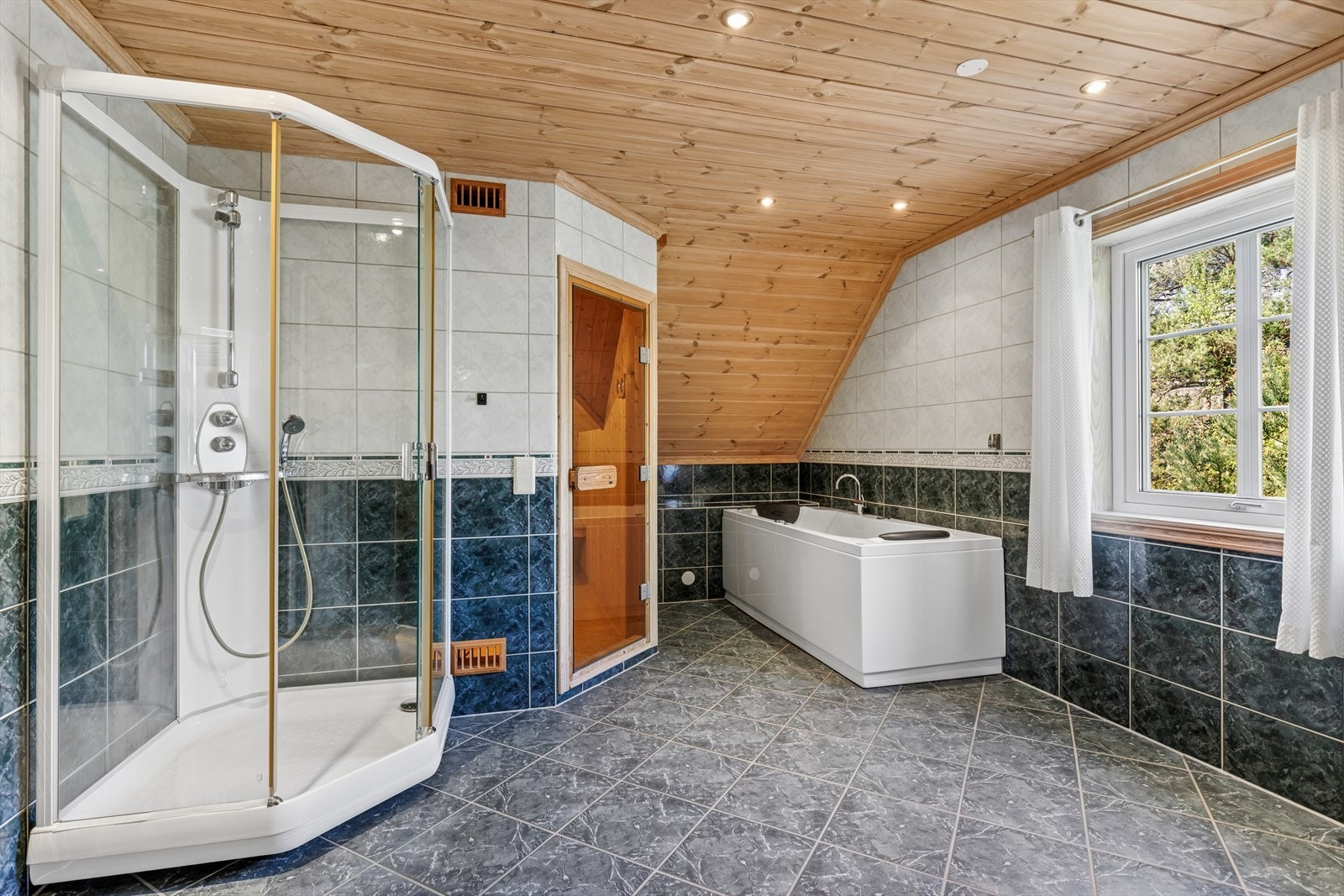 rommet er stort og har både dusj, badekar, WC servant samt badstue Galleribilde